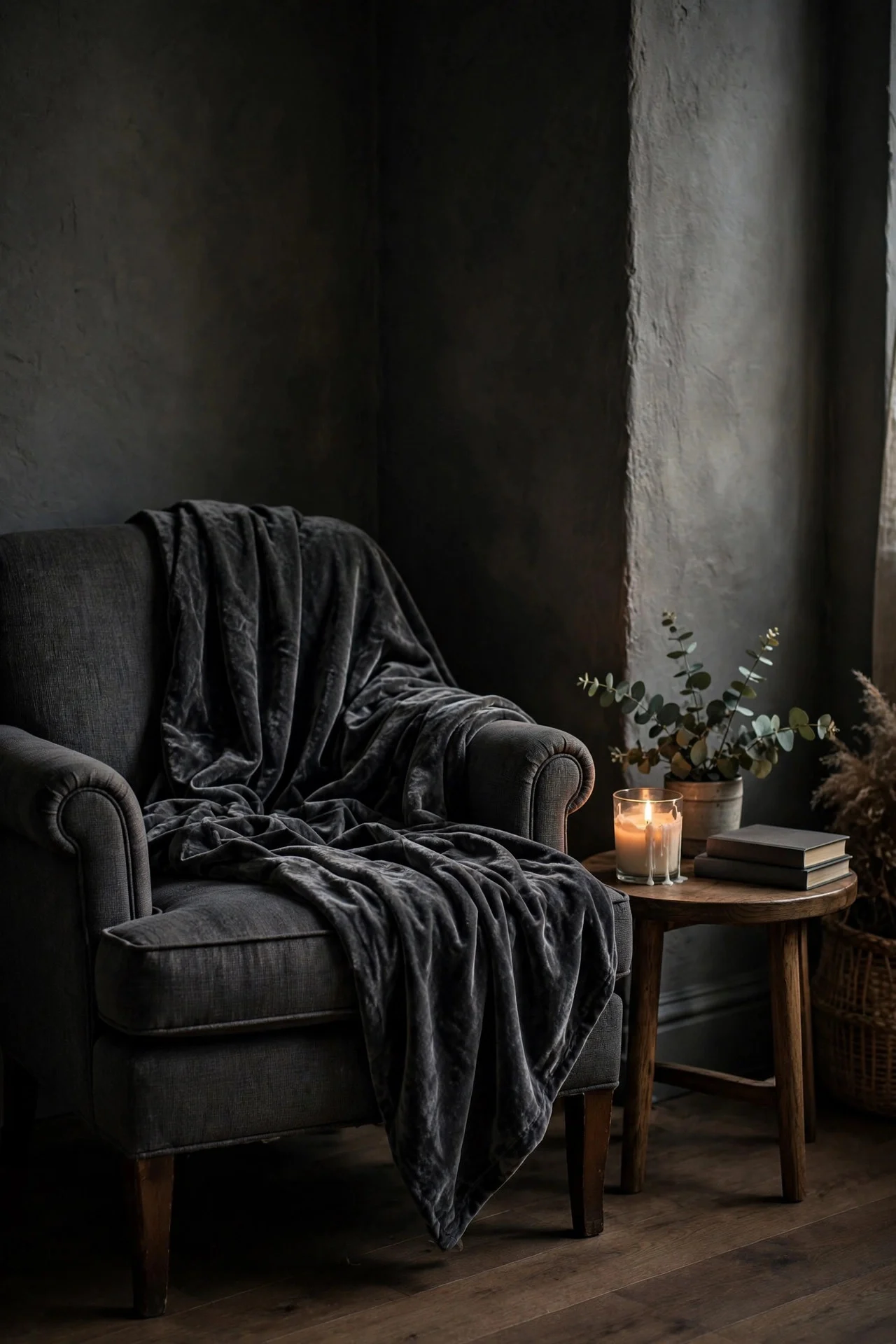 Dark velvet throw draped over an armchair