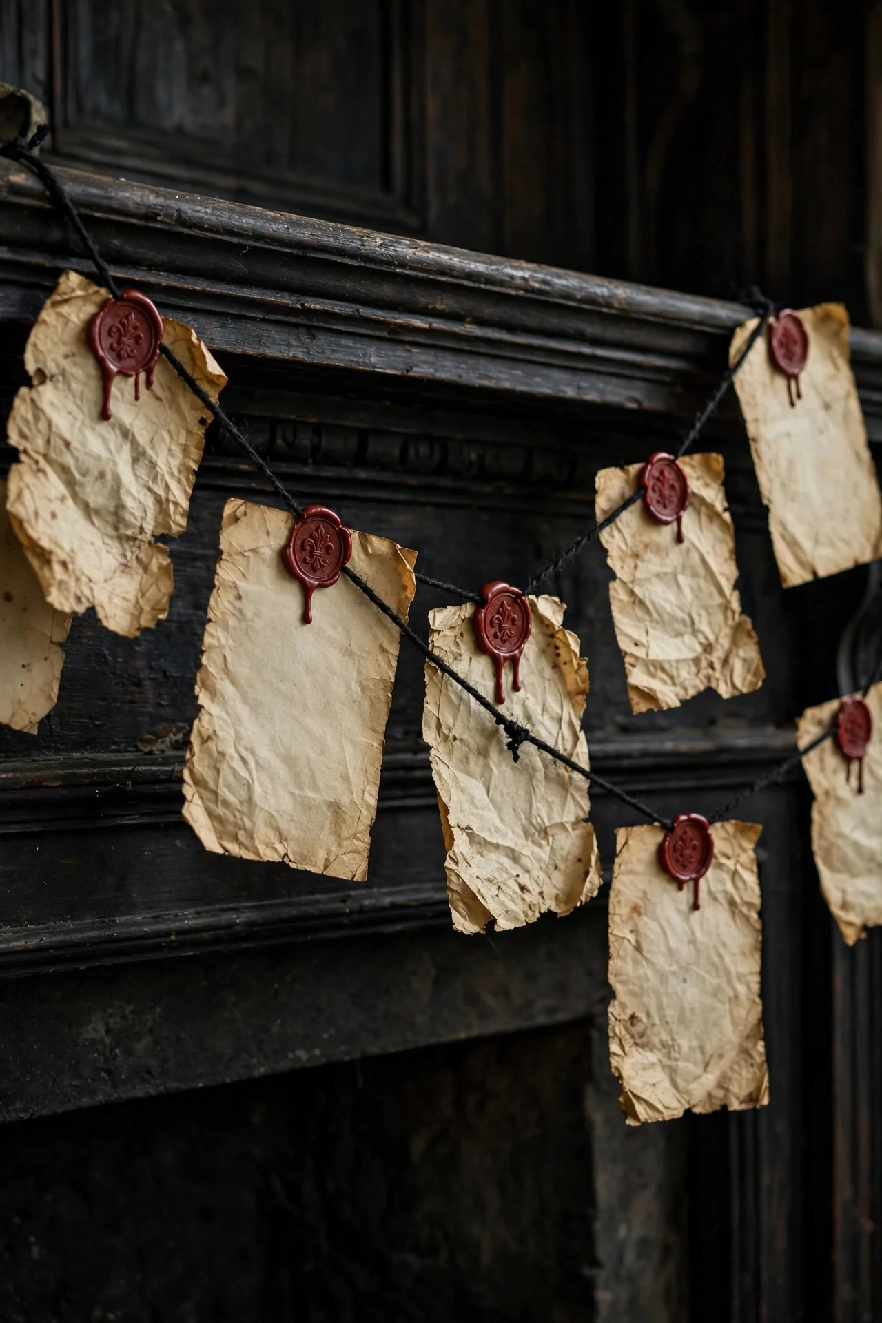 Old book page garland with wax seals