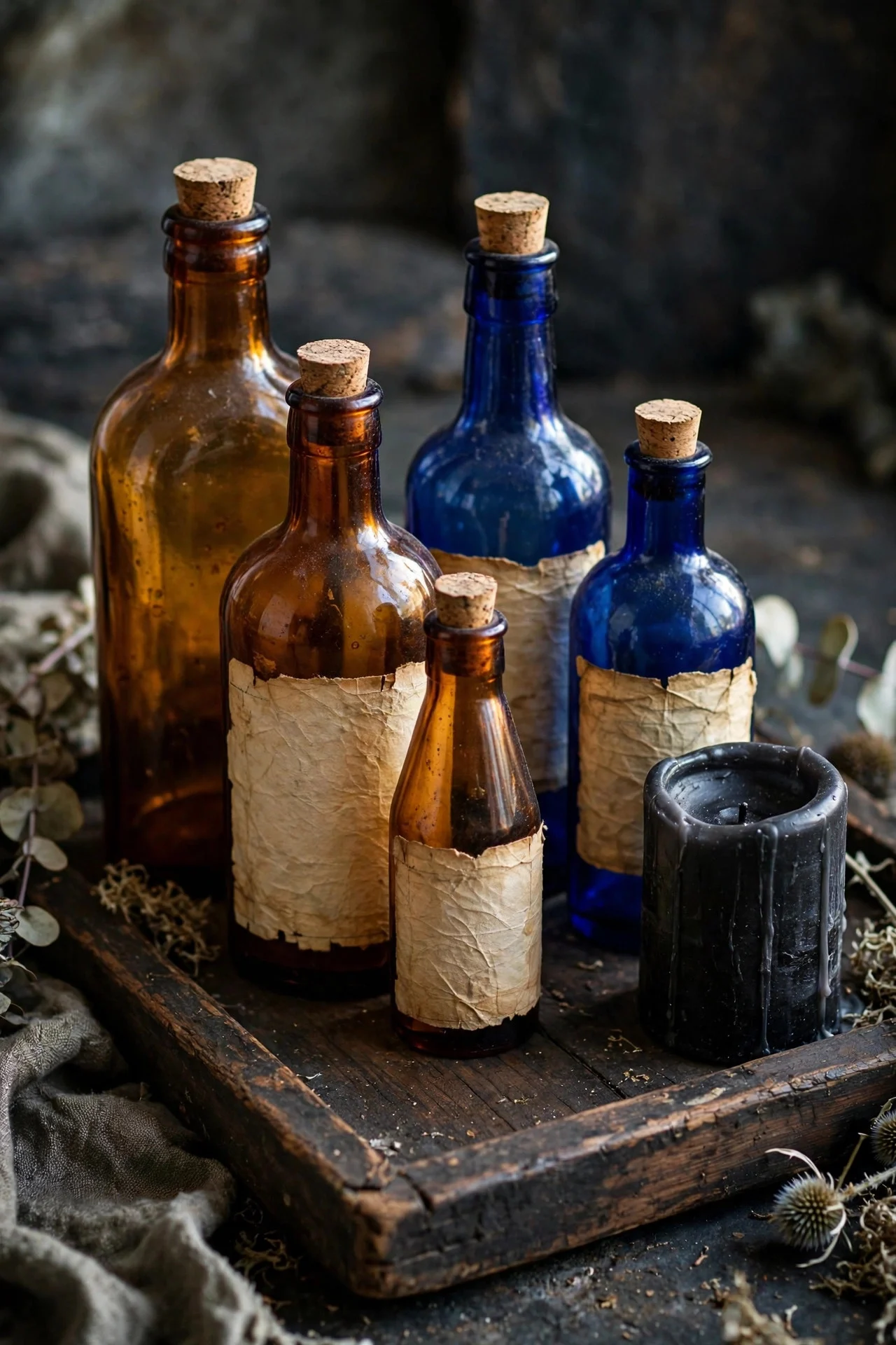 Victorian apothecary bottles on a dark tray