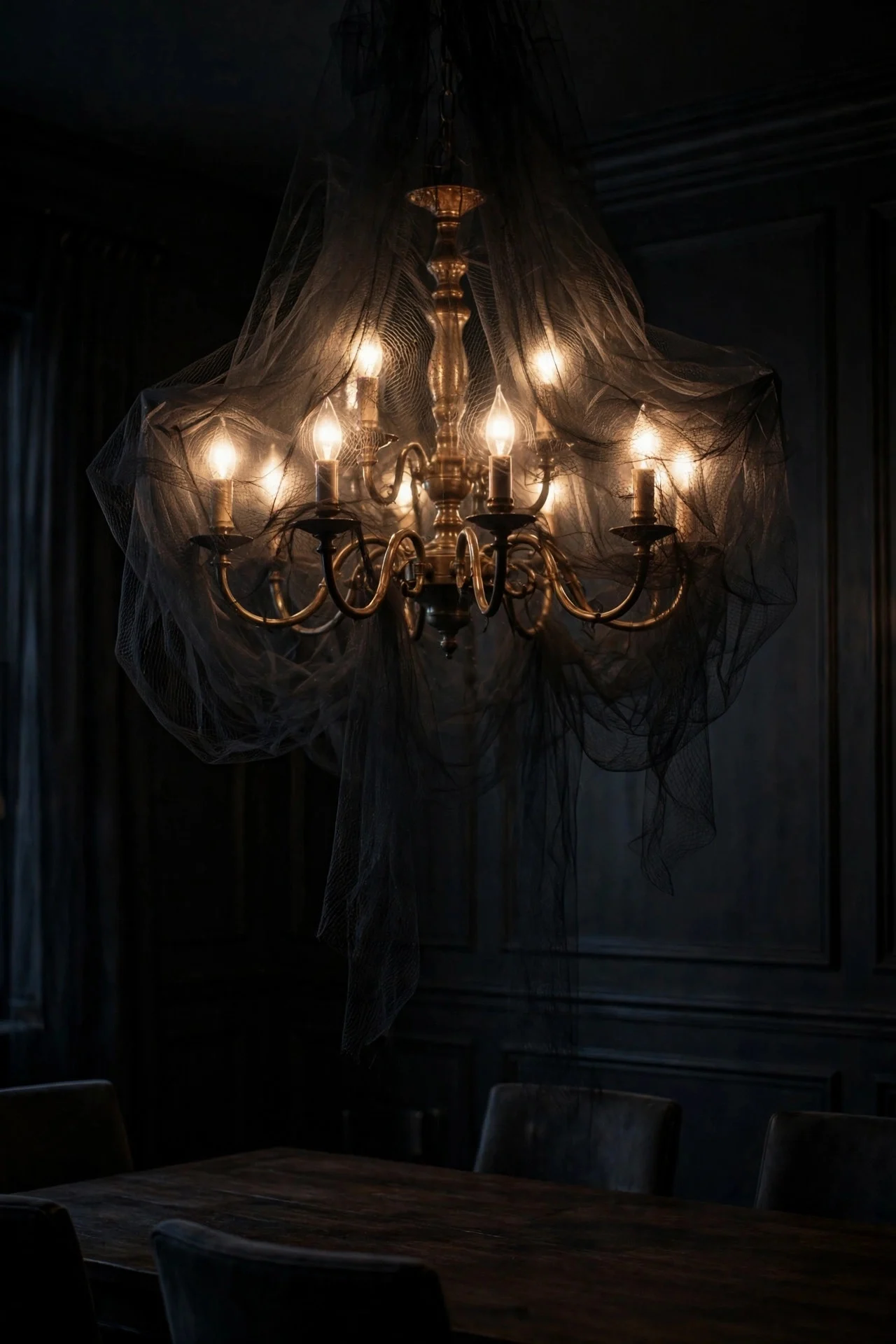 Chandelier wrapped in black netting