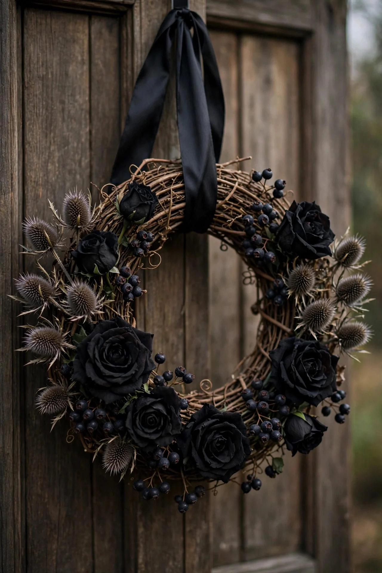 Black rose and thistle wreath on a door