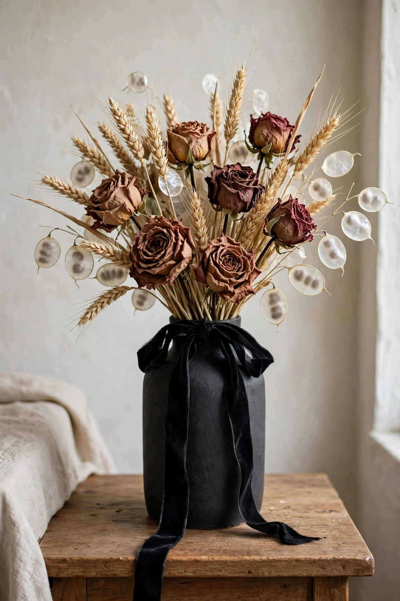 Dried bouquet with black velvet ribbon in a dark vase