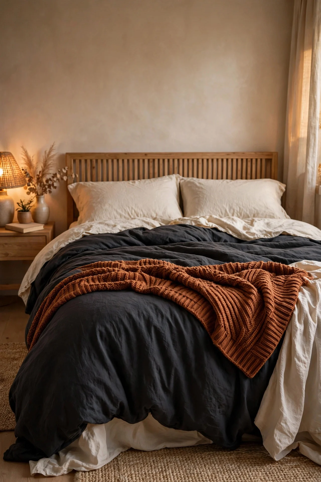 Charcoal bedding with rust throw for autumn