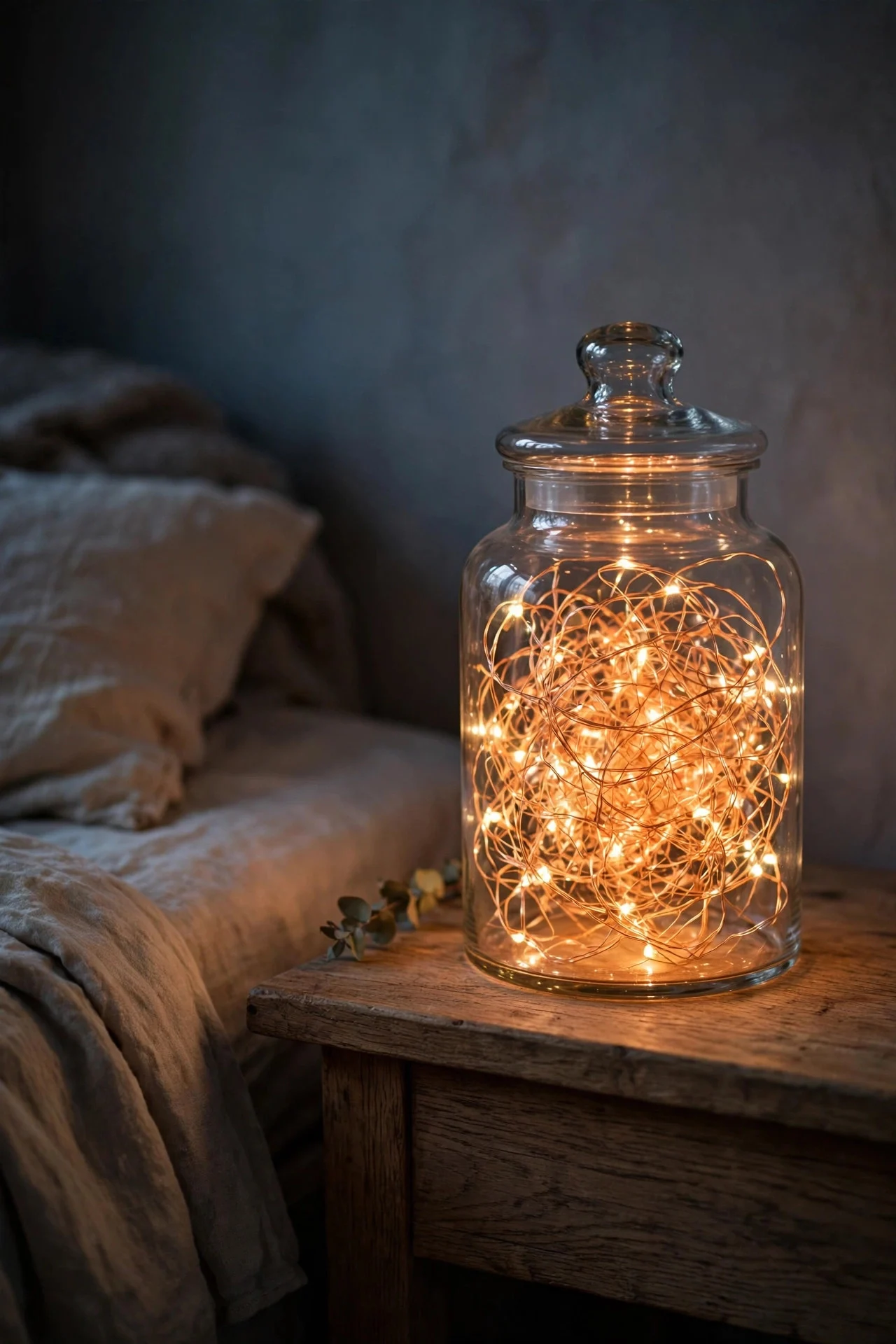 Fairy lights glowing in a glass jar on a nightstand