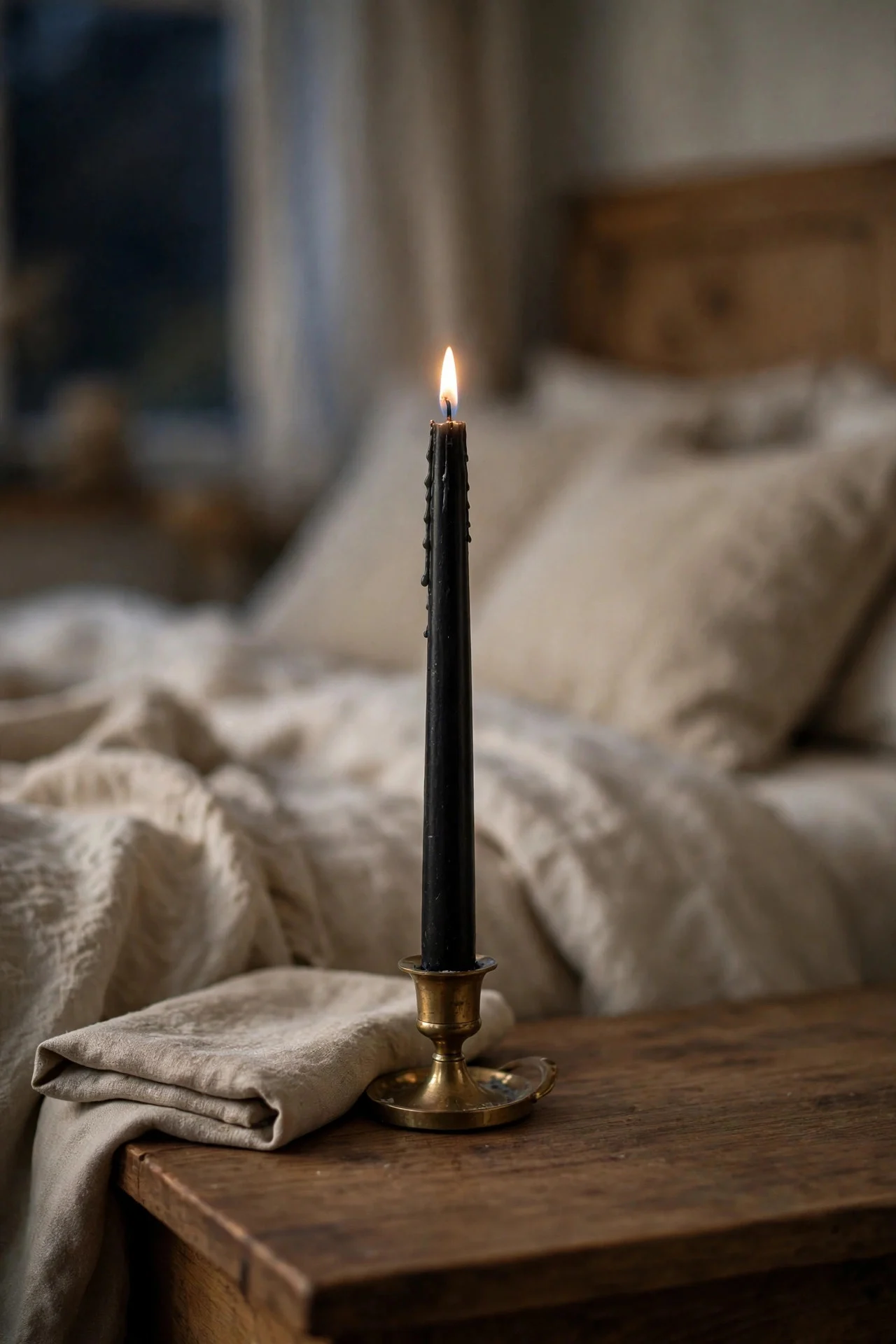 Single black taper candle on a nightstand