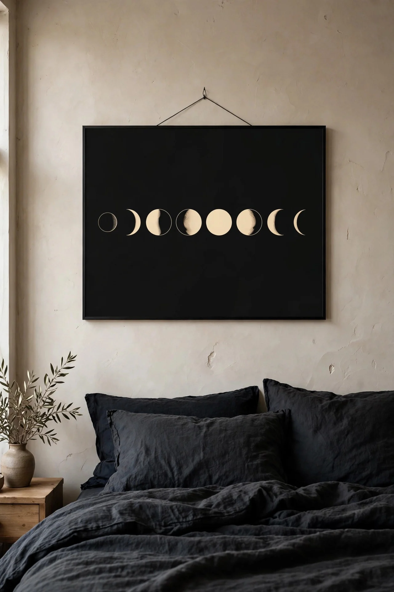 Moon-phase art print above a bed