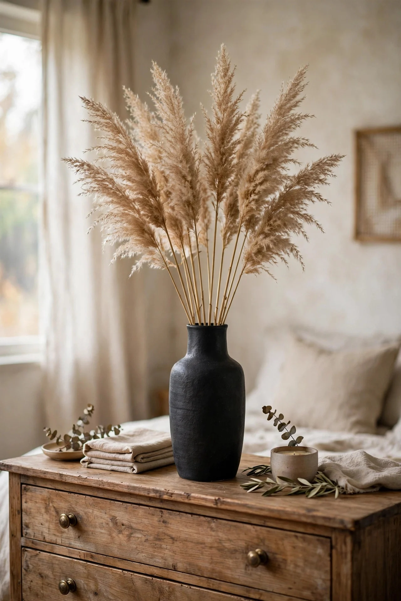 Dried pampas grass in a black vase on a dresser