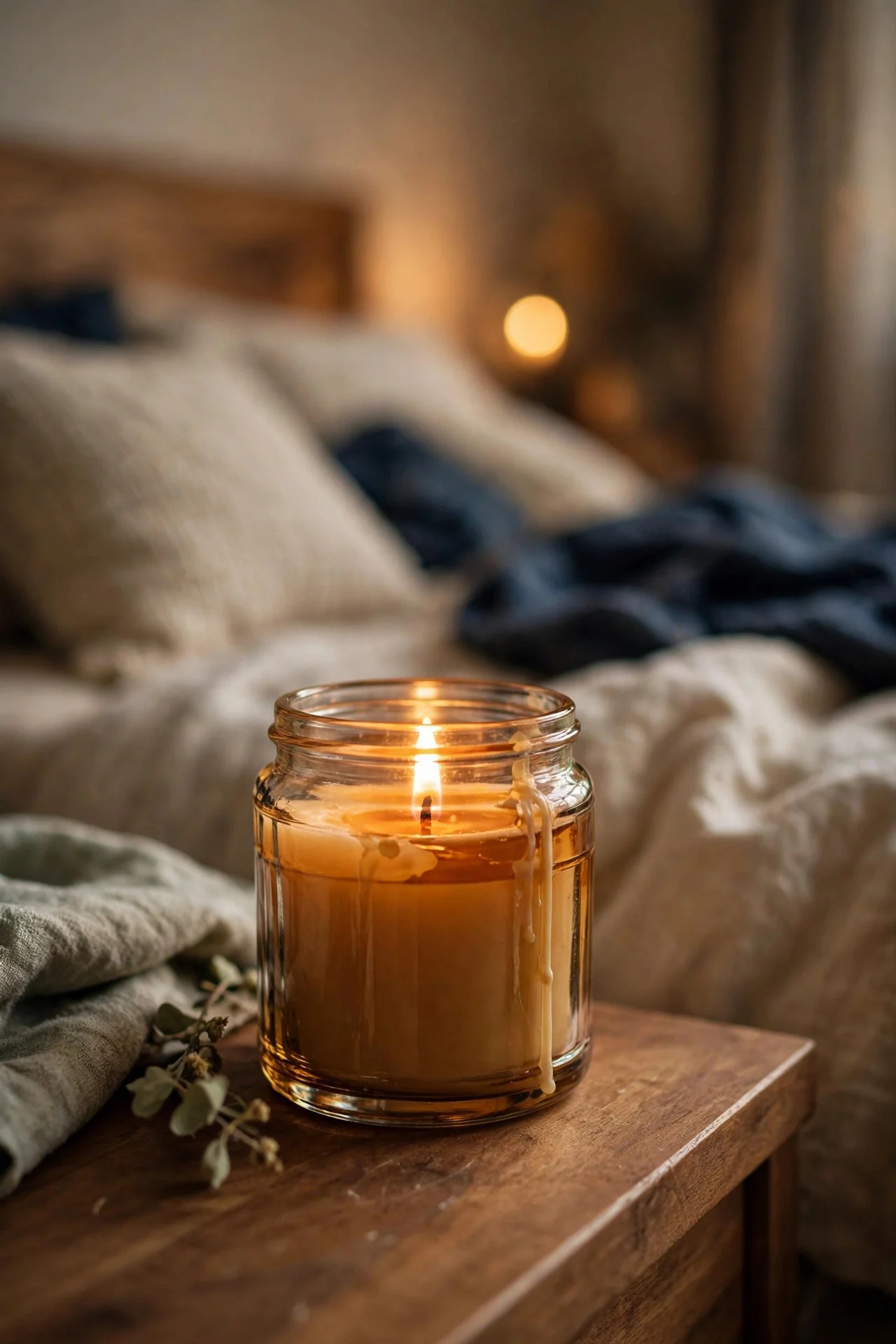 Autumn-scented candle glowing on a nightstand