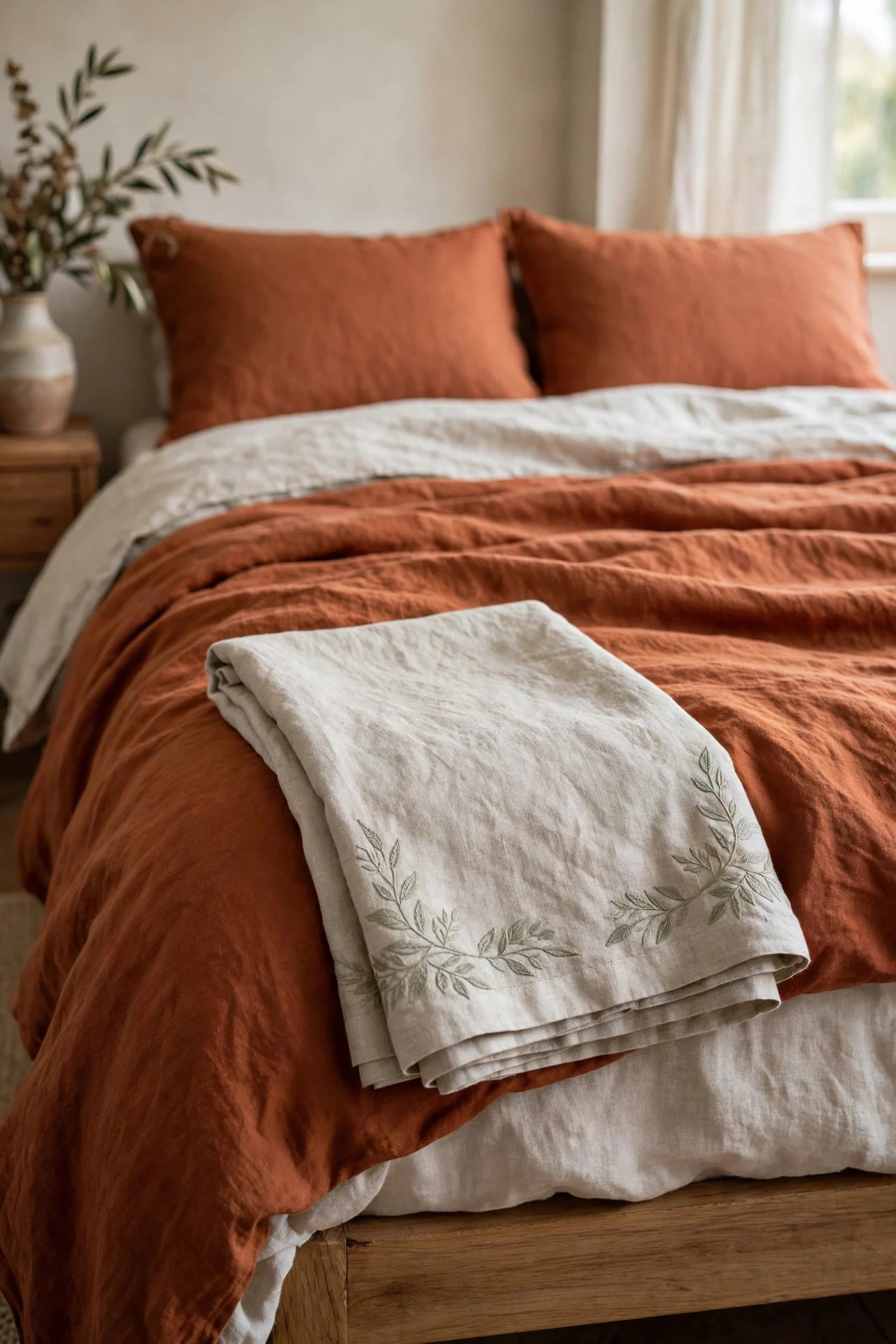 Leaf-motif linen throw at the foot of a bed