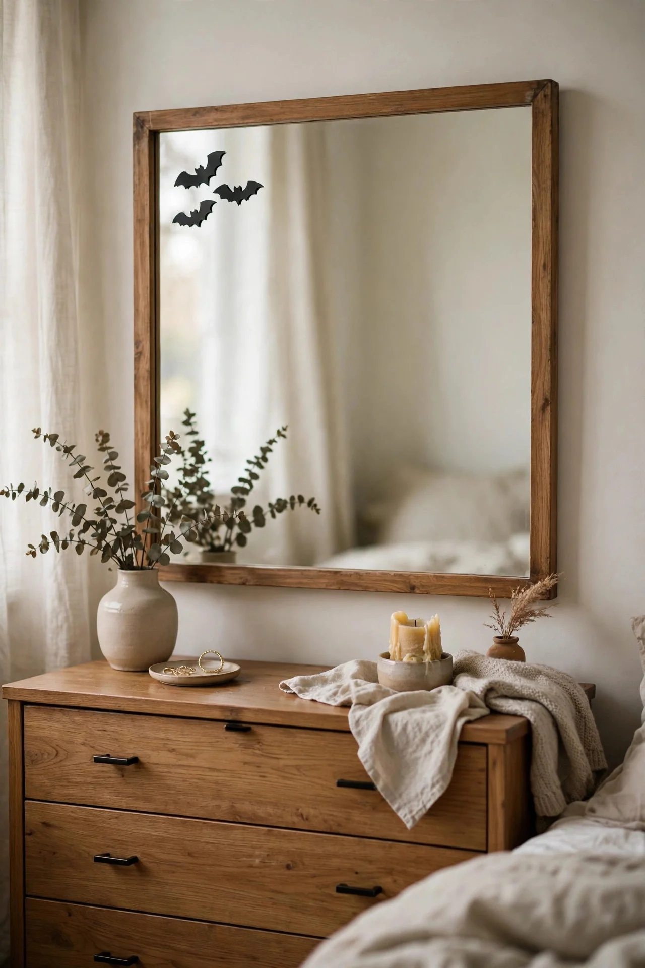 Tiny bat decals on a bedroom mirror