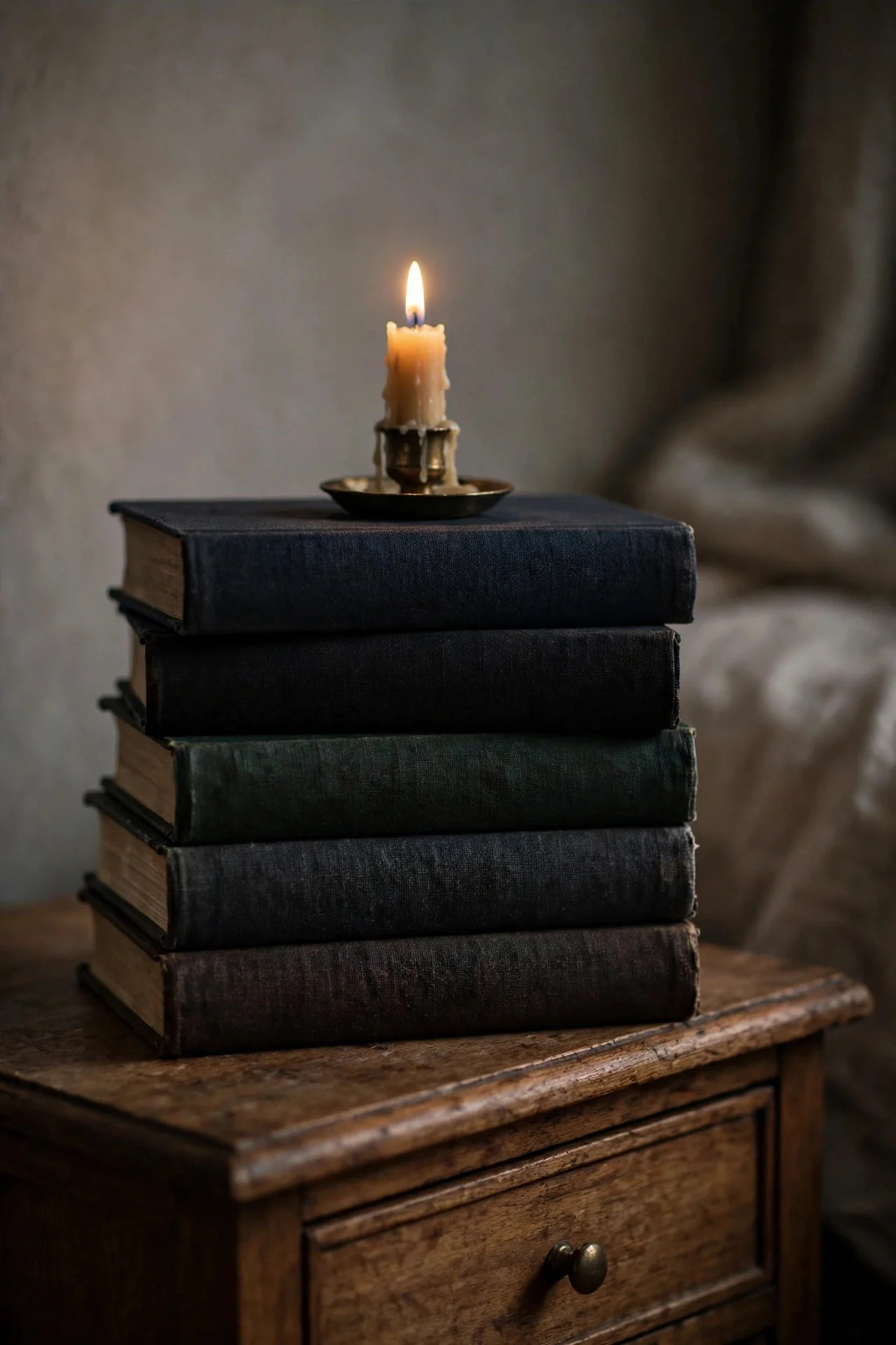 Stack of gothic novels on a nightstand