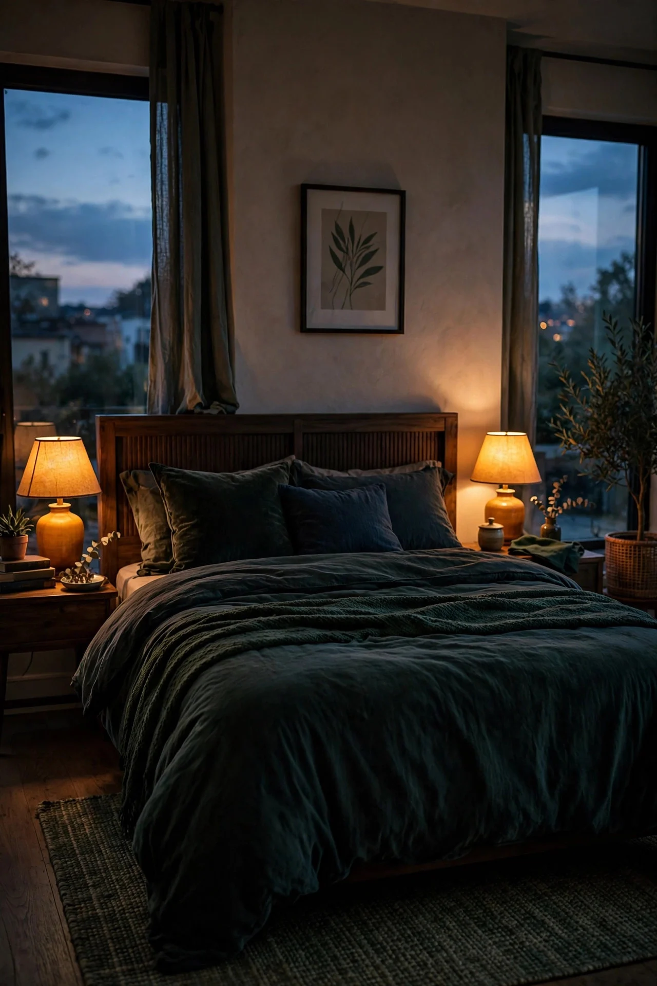 Warm dim bedside lighting in an autumn bedroom