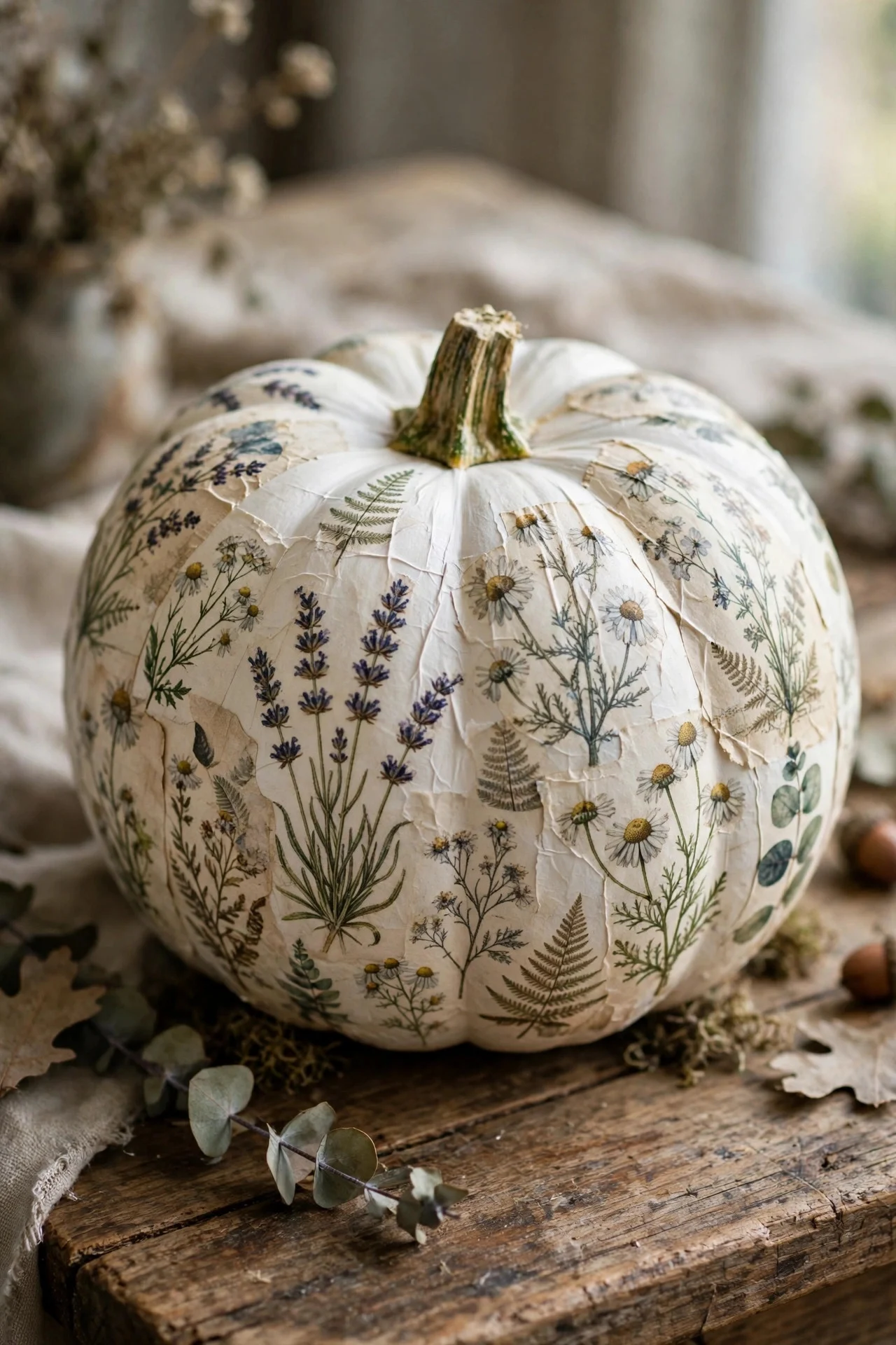 Decoupage pumpkin with botanical prints
