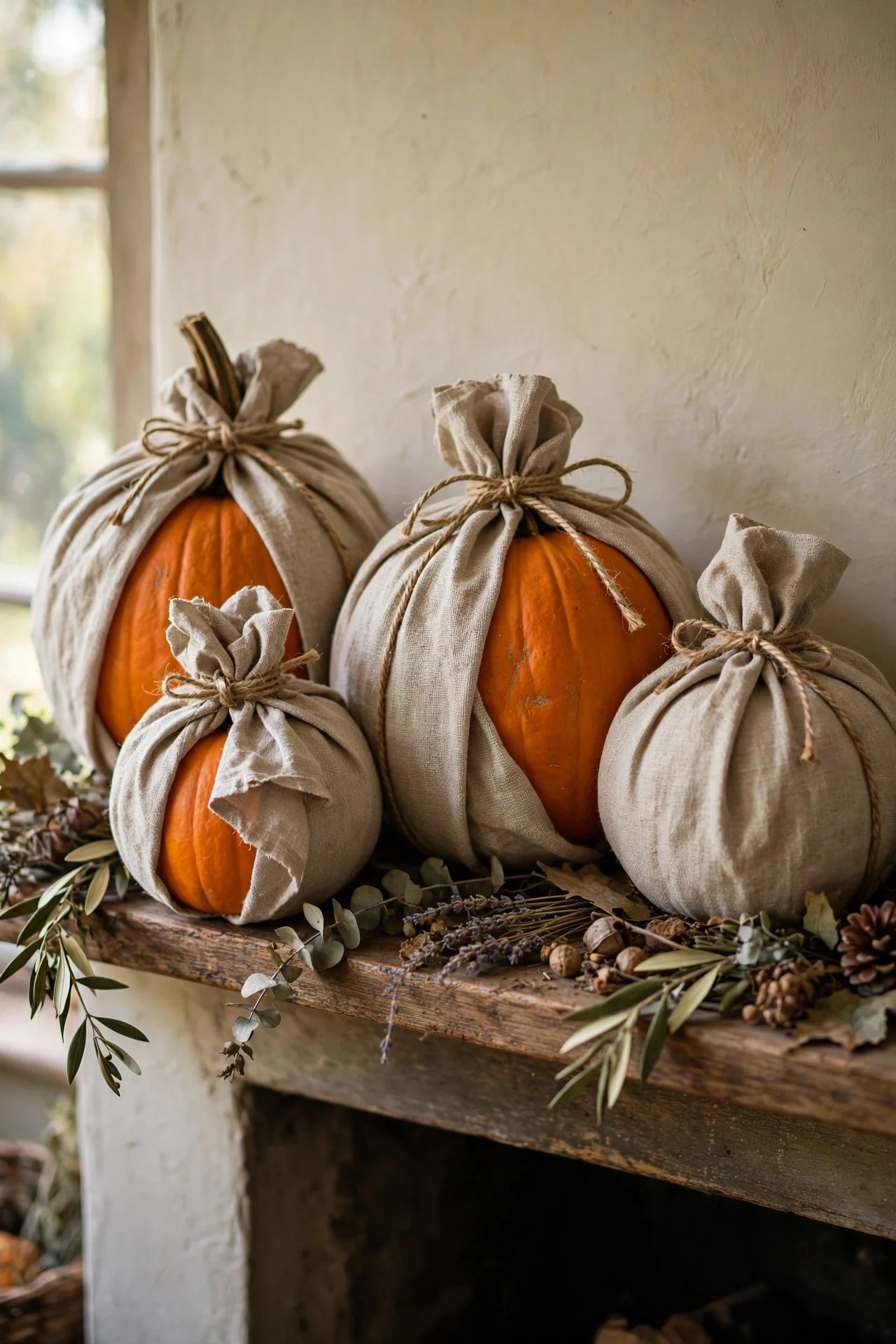 Fabric-wrapped pumpkins tied with twine