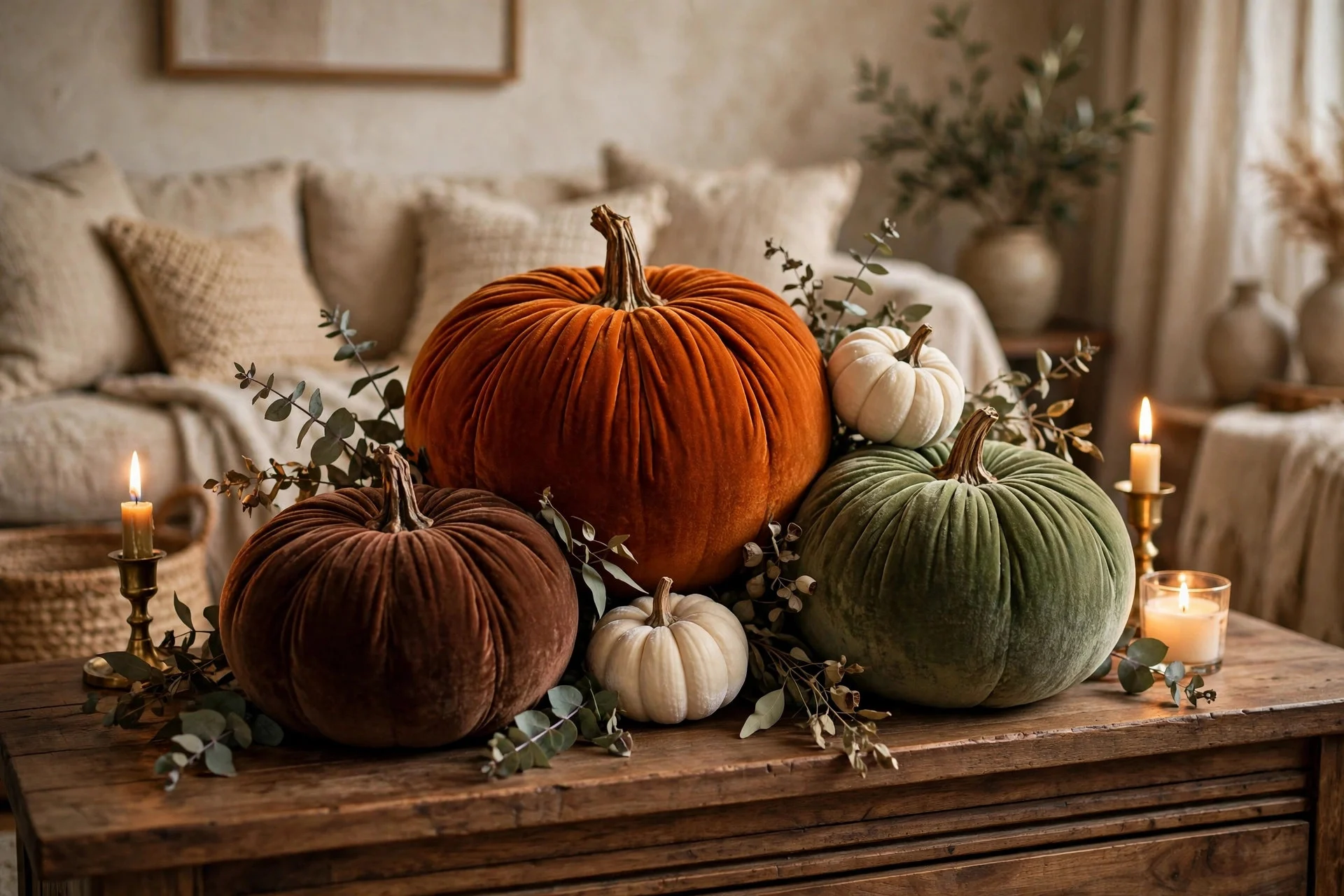 Velvet pumpkins in earthy tones grouped on a console table