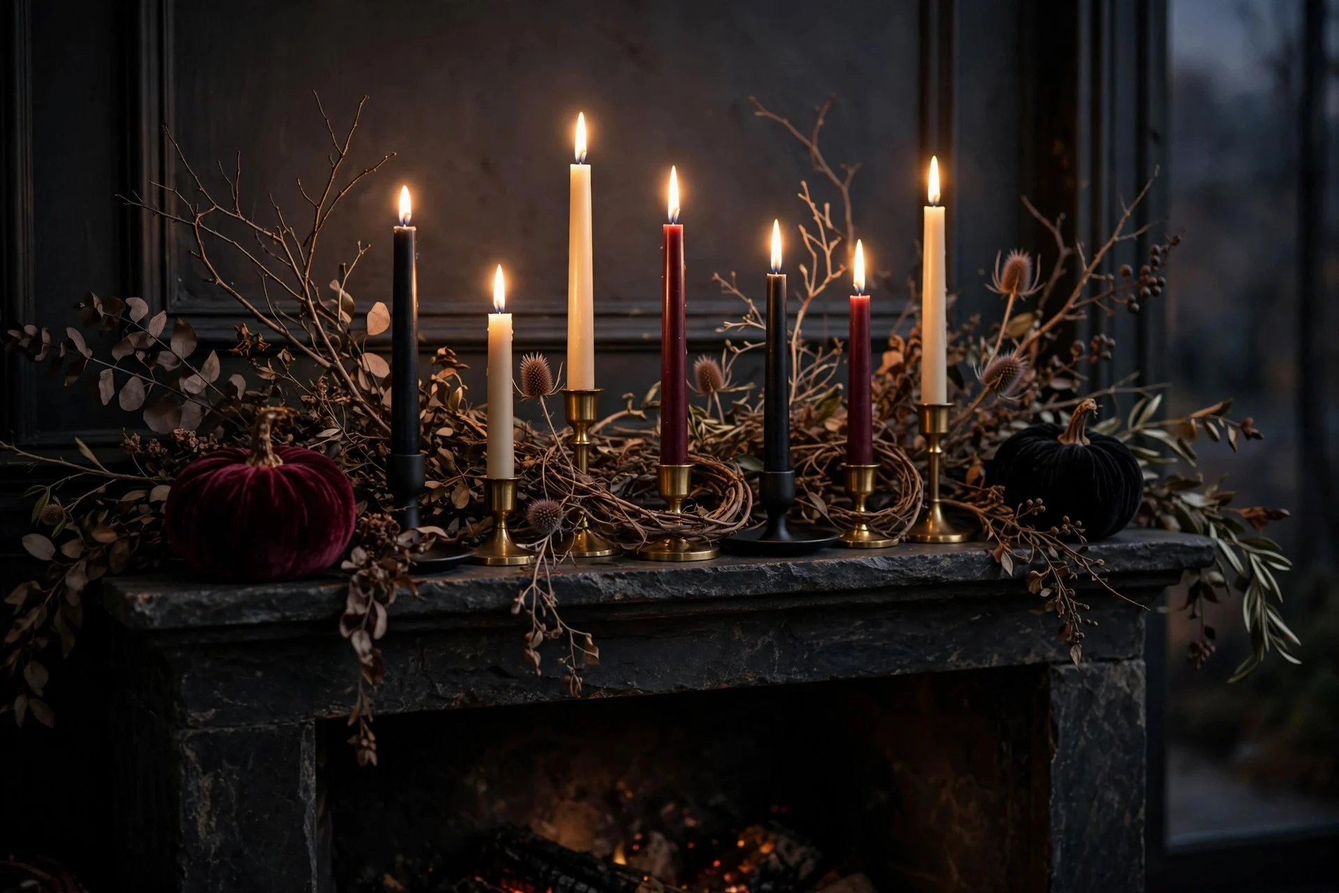 Halloween mantel glowing with black, cream and burgundy taper candles