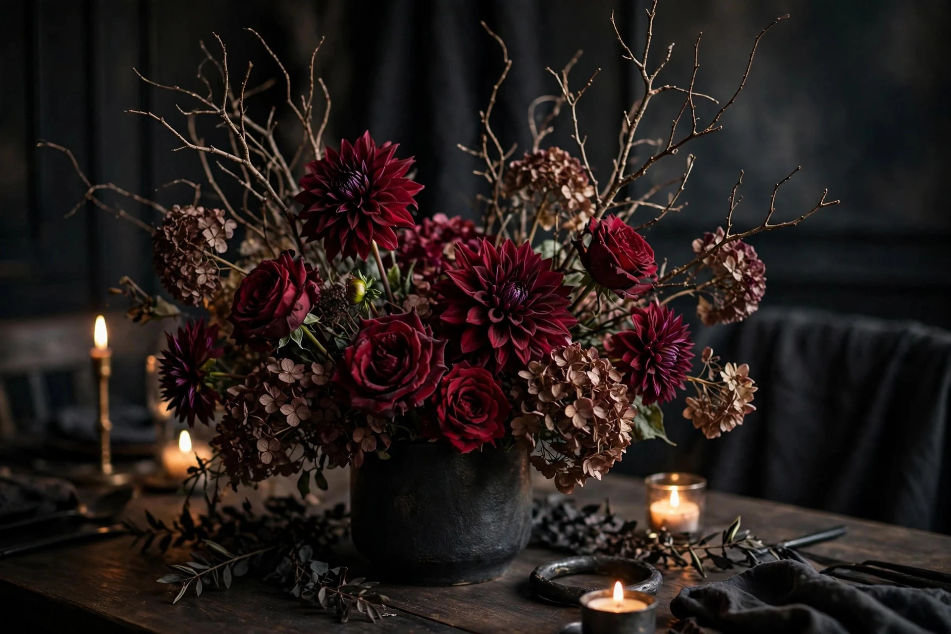 Moody bouquet of burgundy dahlias and dried hydrangeas in a black vase