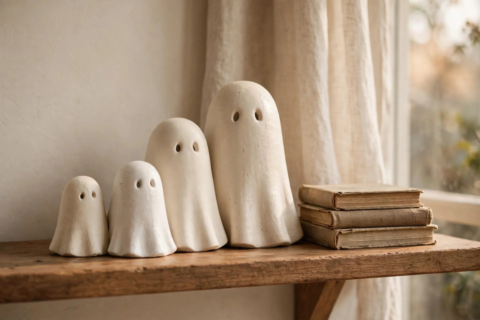 Cluster of matte ceramic ghost figurines on a shelf