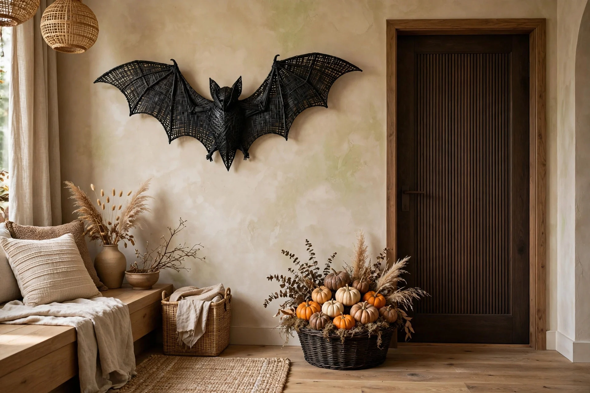 Woven rattan Halloween accents with bat wall hanging and pumpkin basket