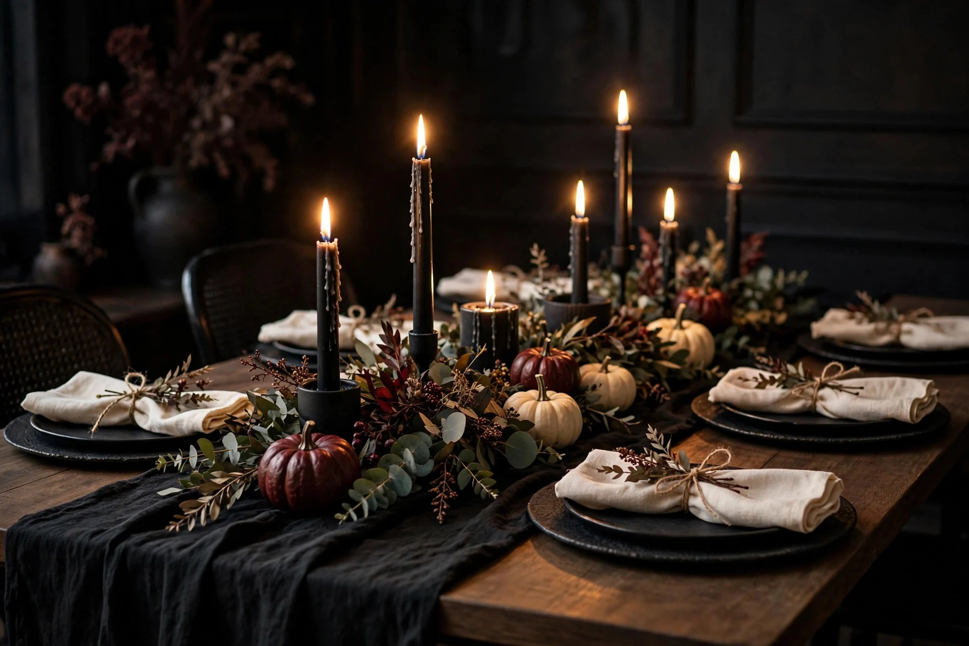 Elegant Halloween tablescape with black chargers and eucalyptus garland