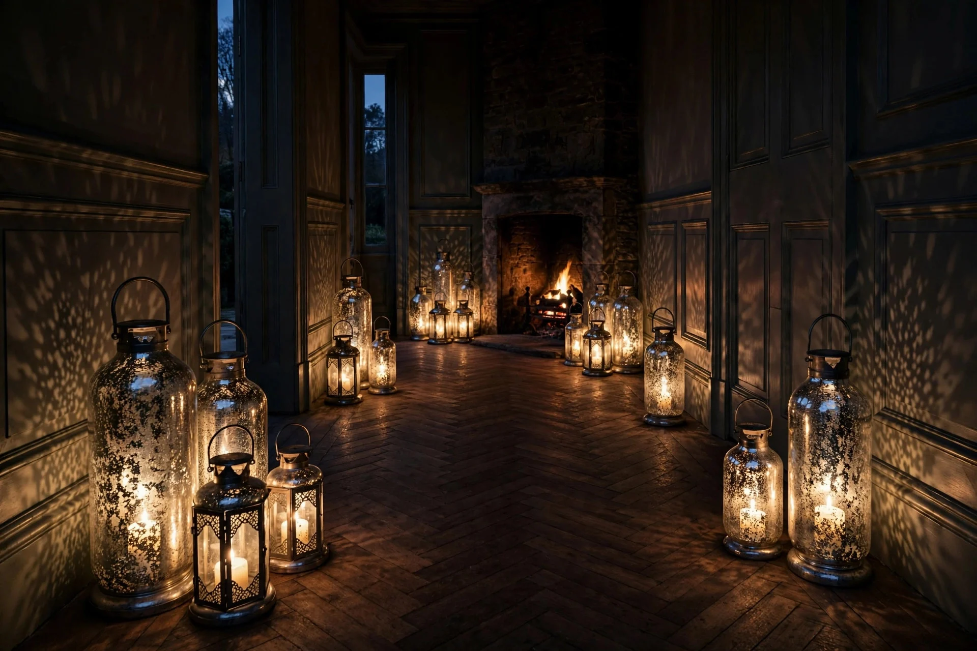 Mercury glass lanterns with flickering candles lining a hallway