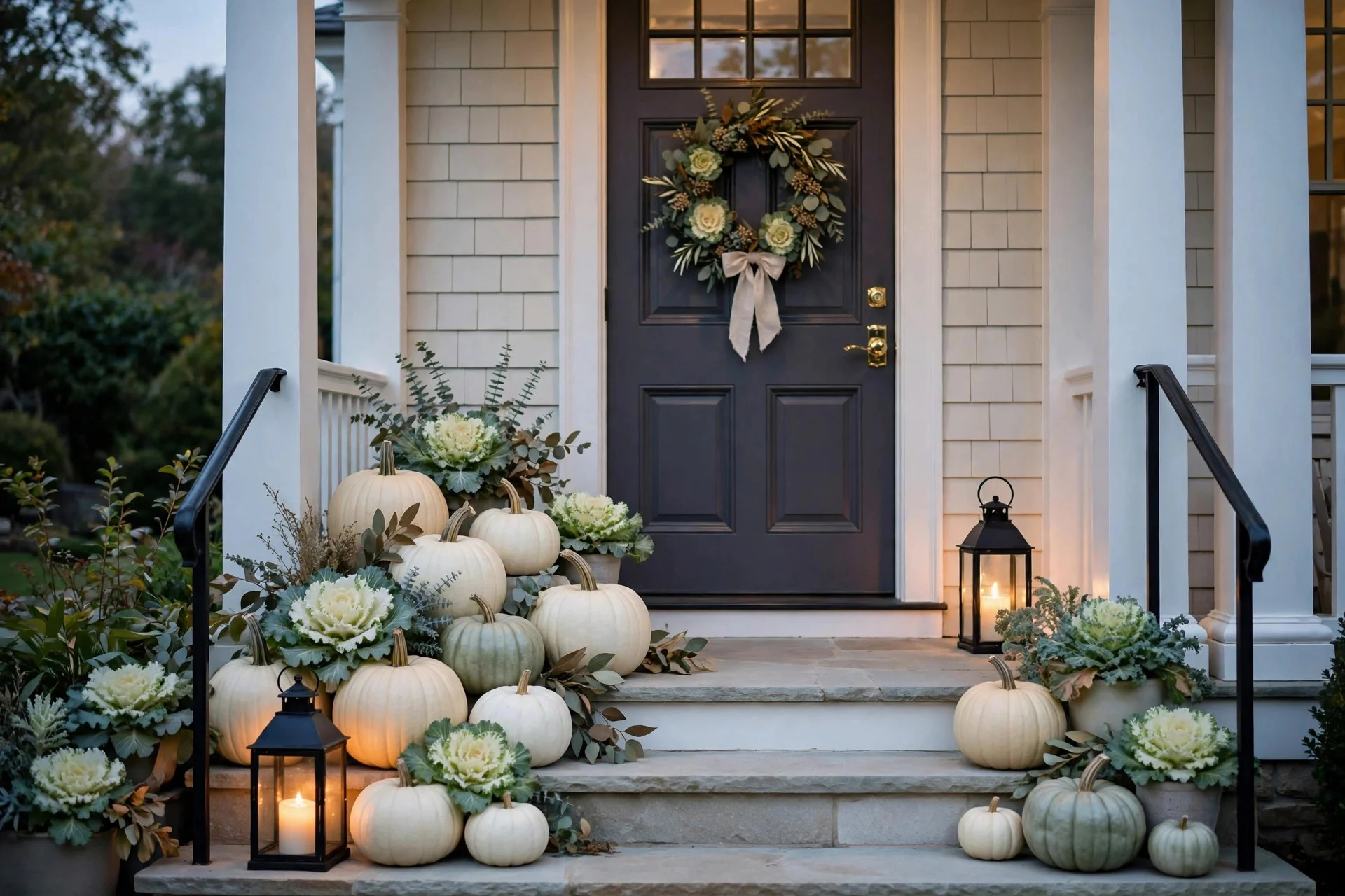 Front porch styled with cream and white pumpkins and lanterns