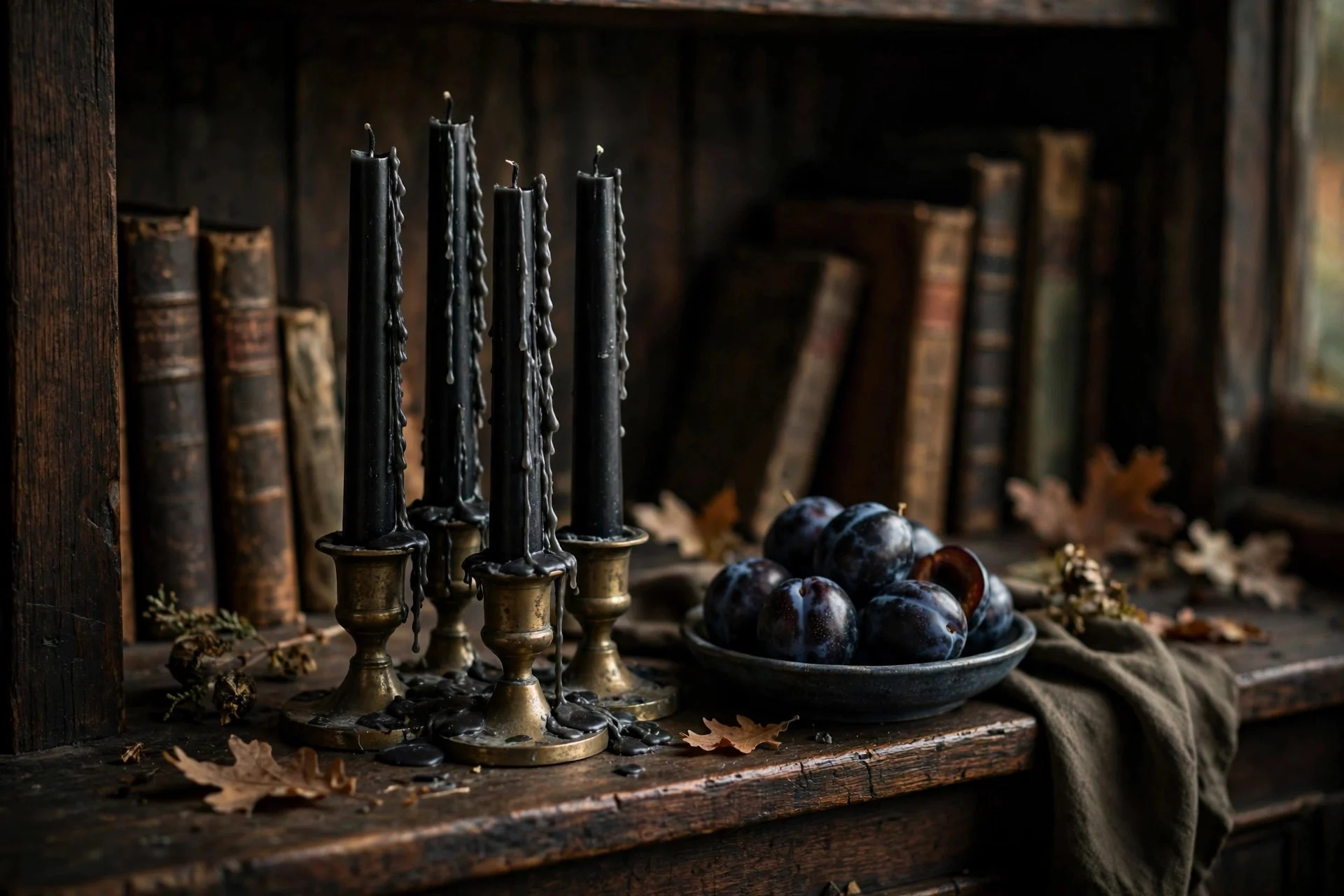 Black taper candles in aged brass holders on a table