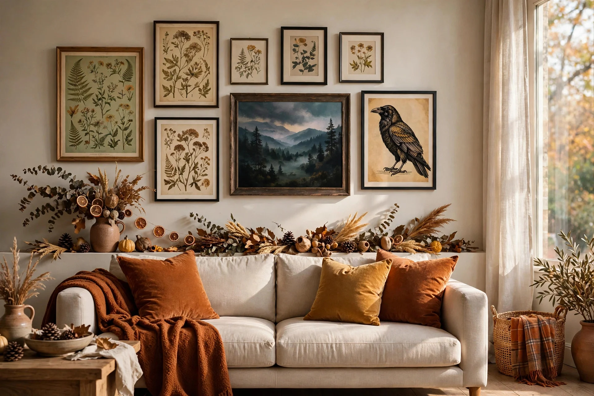 Gallery wall with vintage Halloween art in black frames