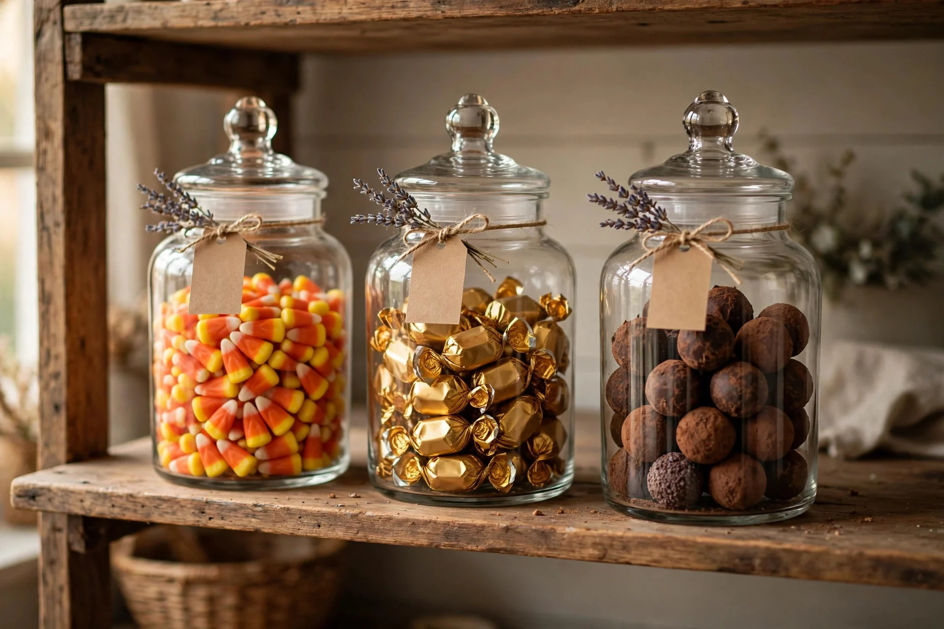 Glass apothecary jars filled with Halloween candy on a sideboard
