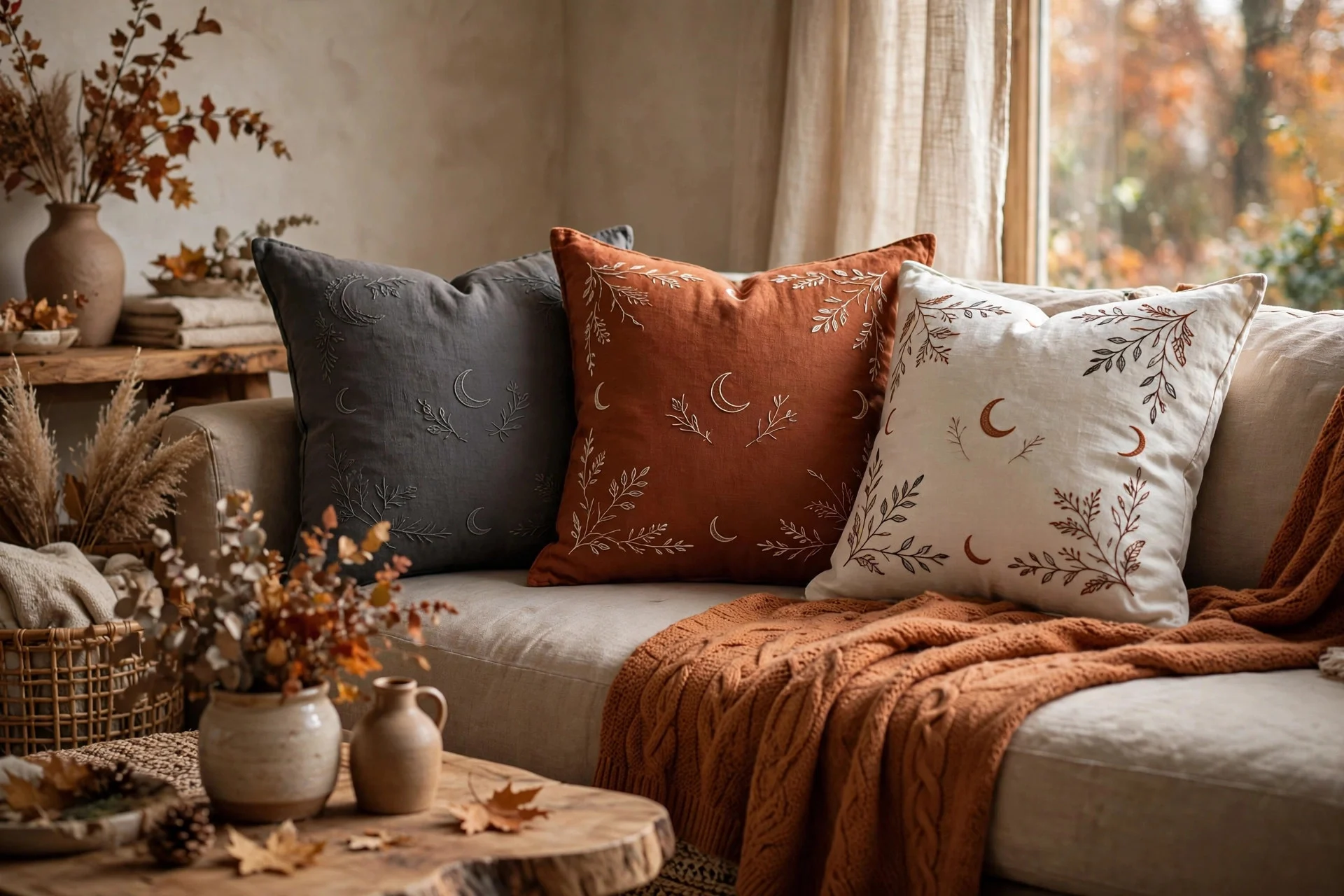 Sofa with charcoal and rust linen throw pillows with subtle moon motifs