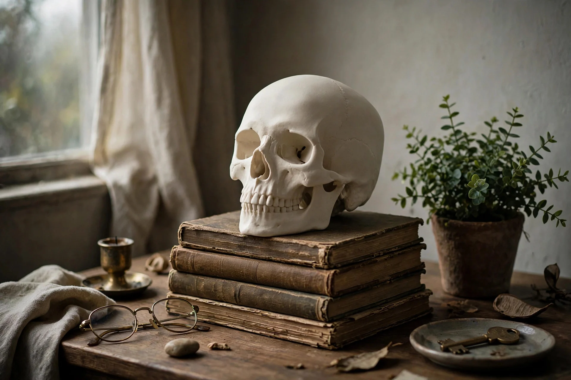 Single matte ceramic skull styled on a stack of books