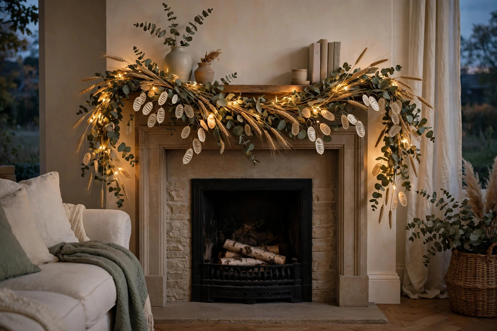 Dried wheat and eucalyptus garland draped over a mantel