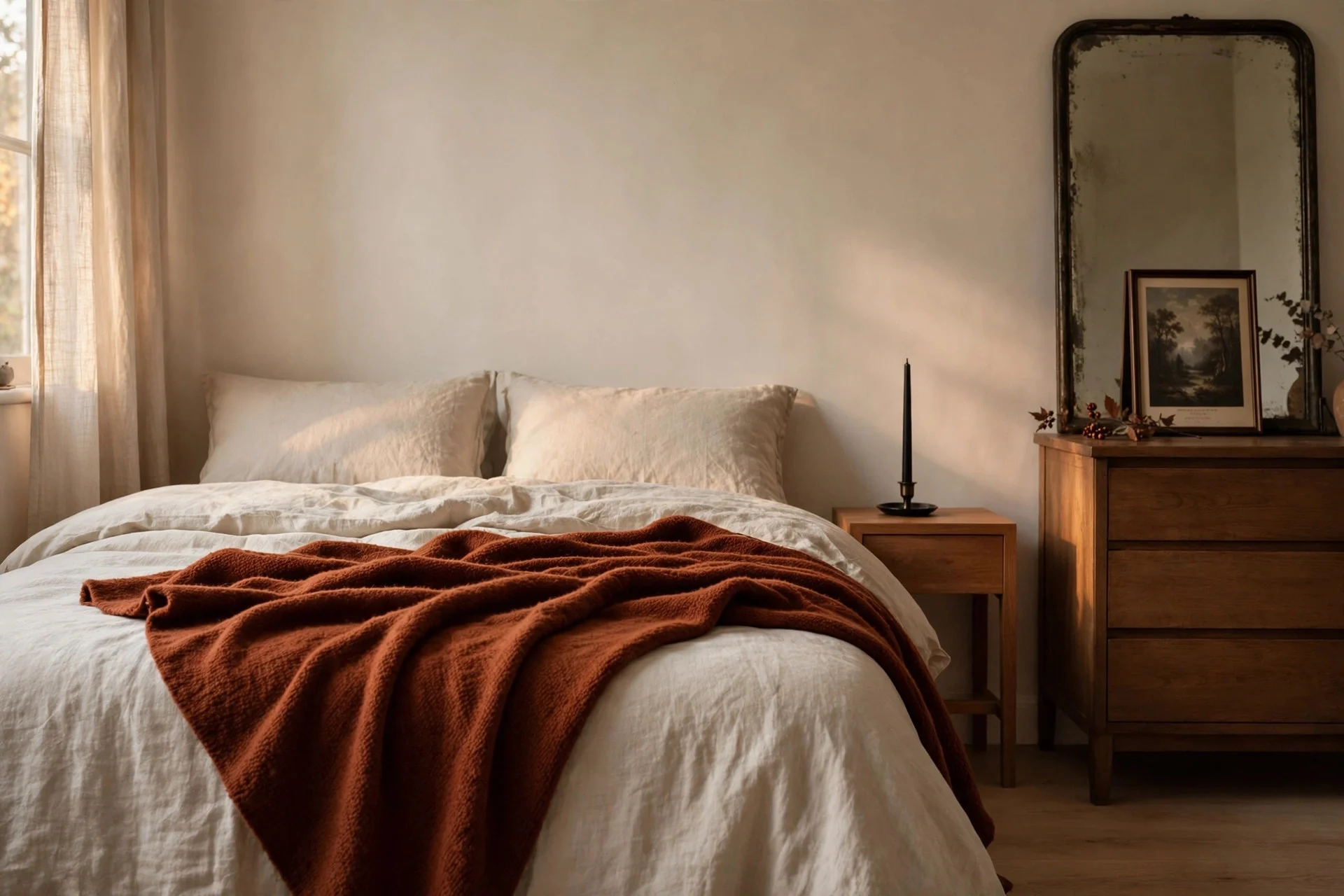 Bedroom with rust throw and black taper candle for Halloween