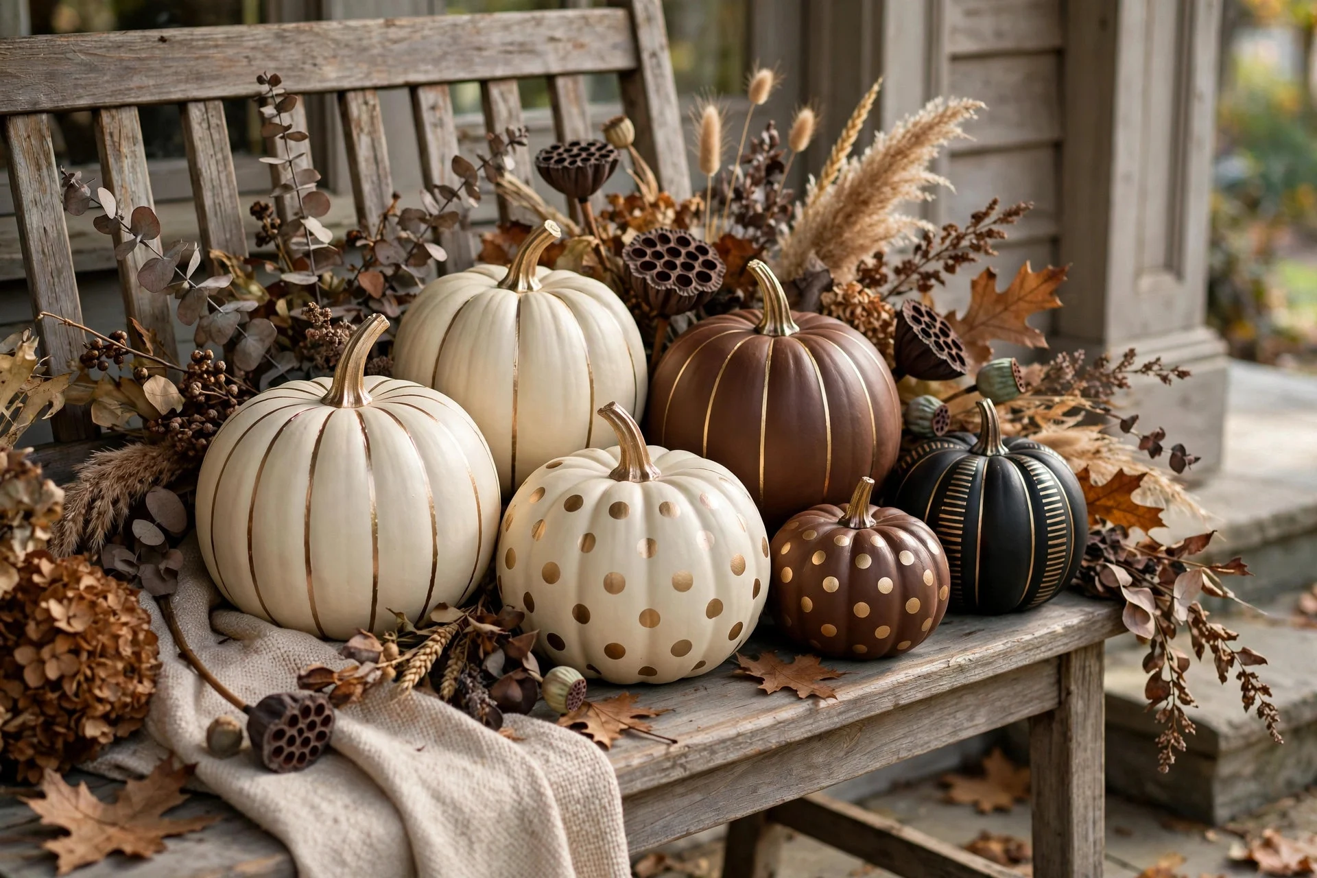 Hand-painted pumpkins in cream, brown and black with gold details