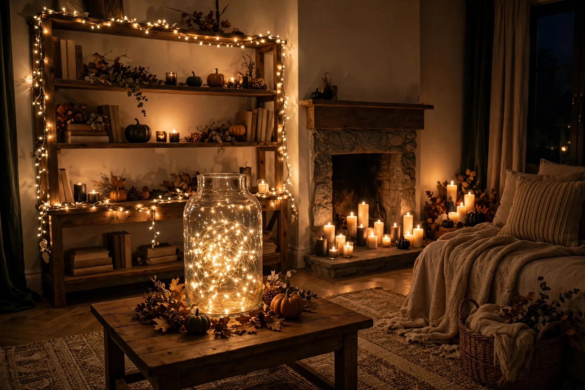 Living room glowing with fairy lights and pillar candles