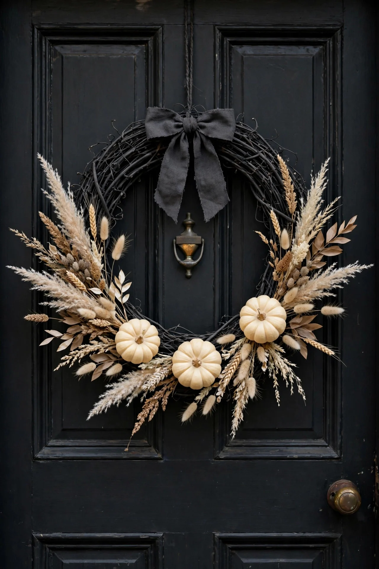 Black grapevine wreath with dried grasses on a front door