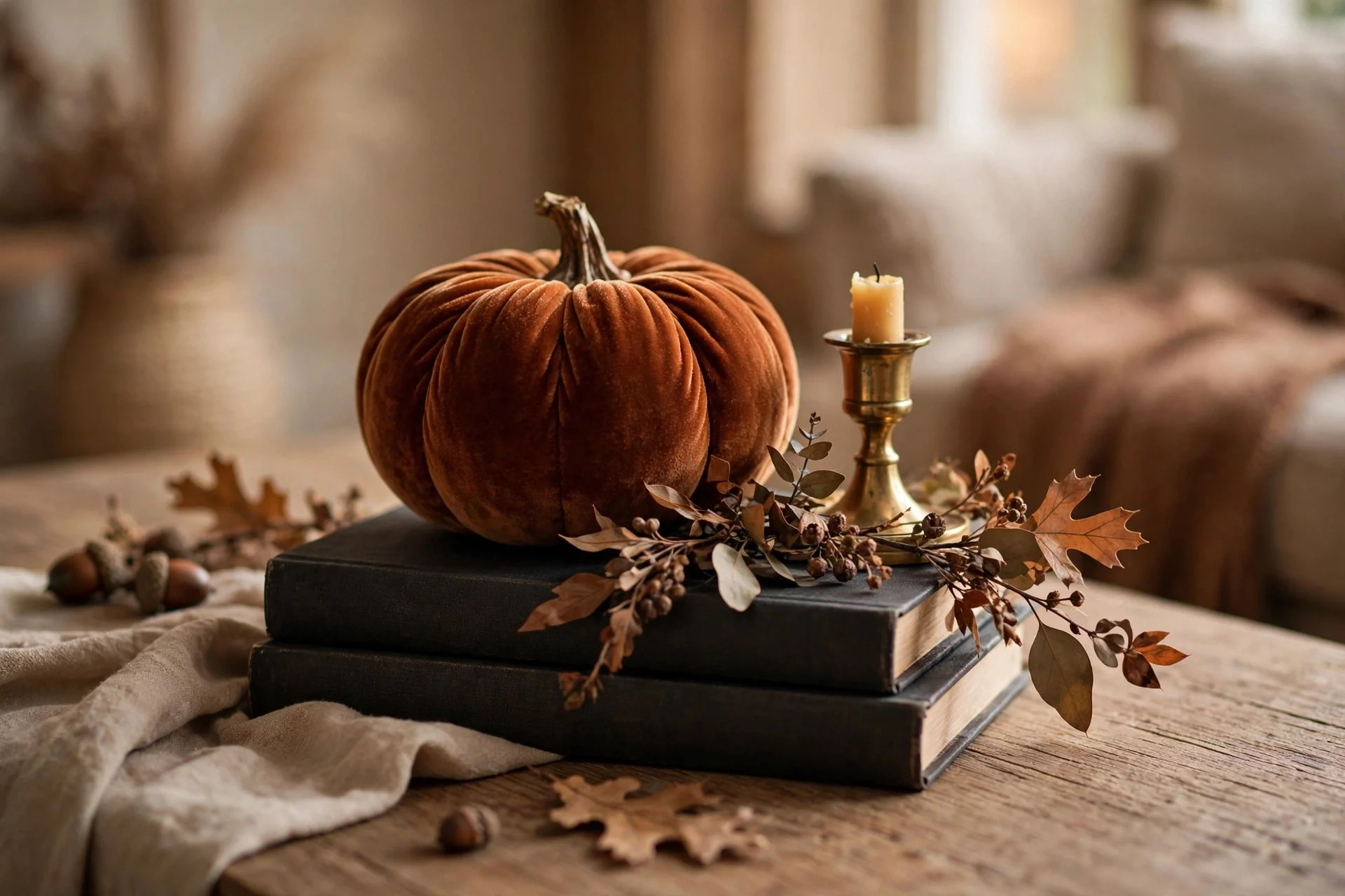 Coffee table vignette with velvet pumpkin, brass candlestick and books