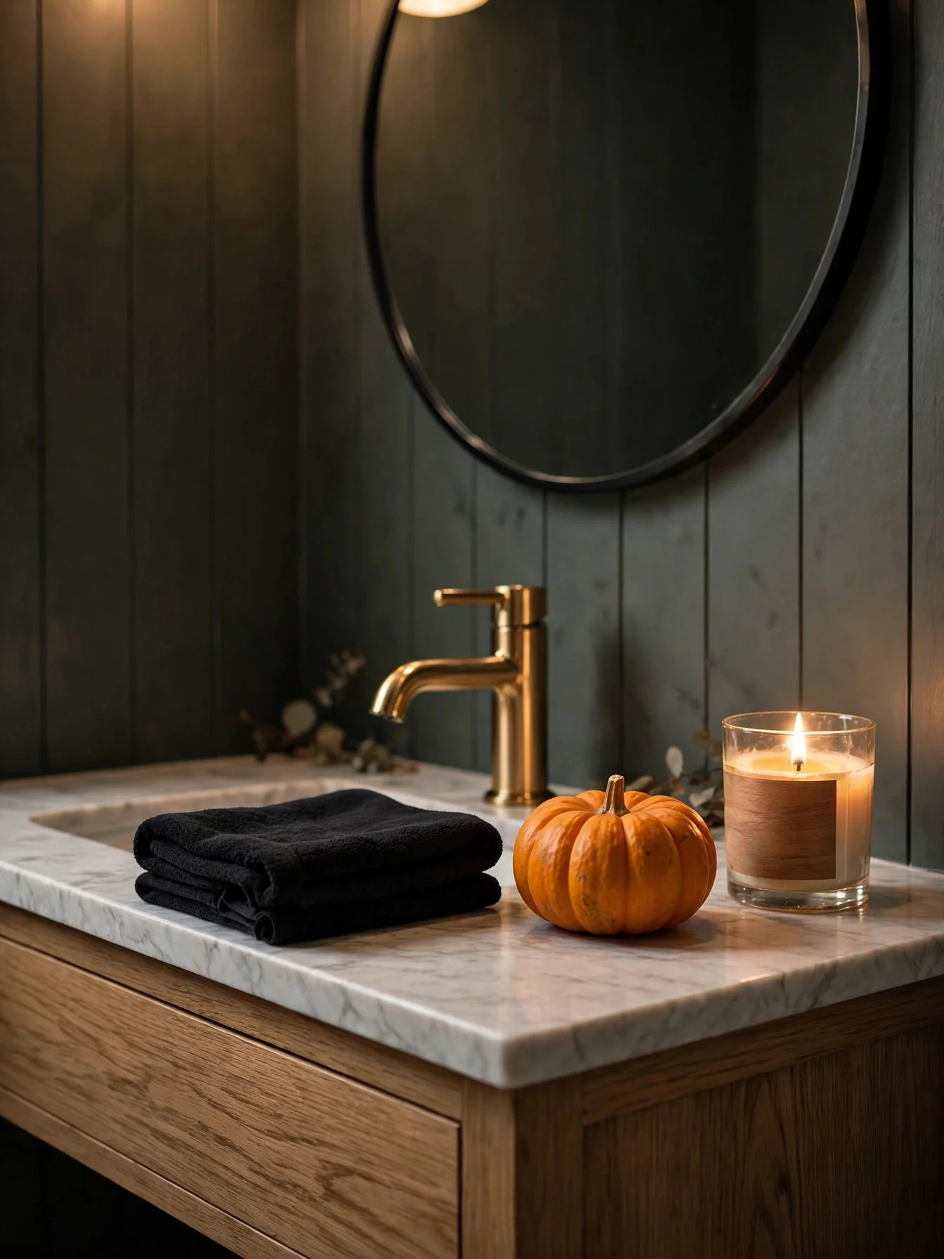 Powder room vanity with black hand towel, pumpkin and candle