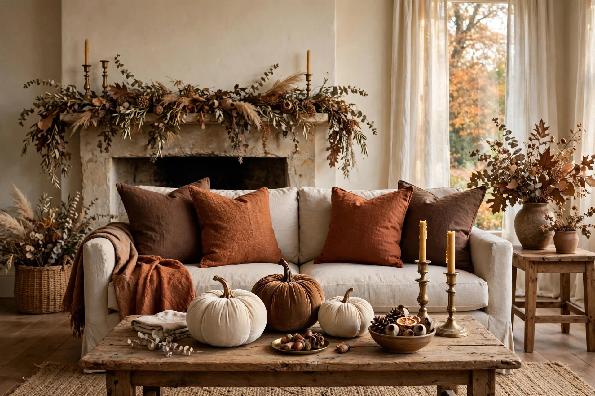 Neutral fall decor with velvet pumpkins and brass candlesticks