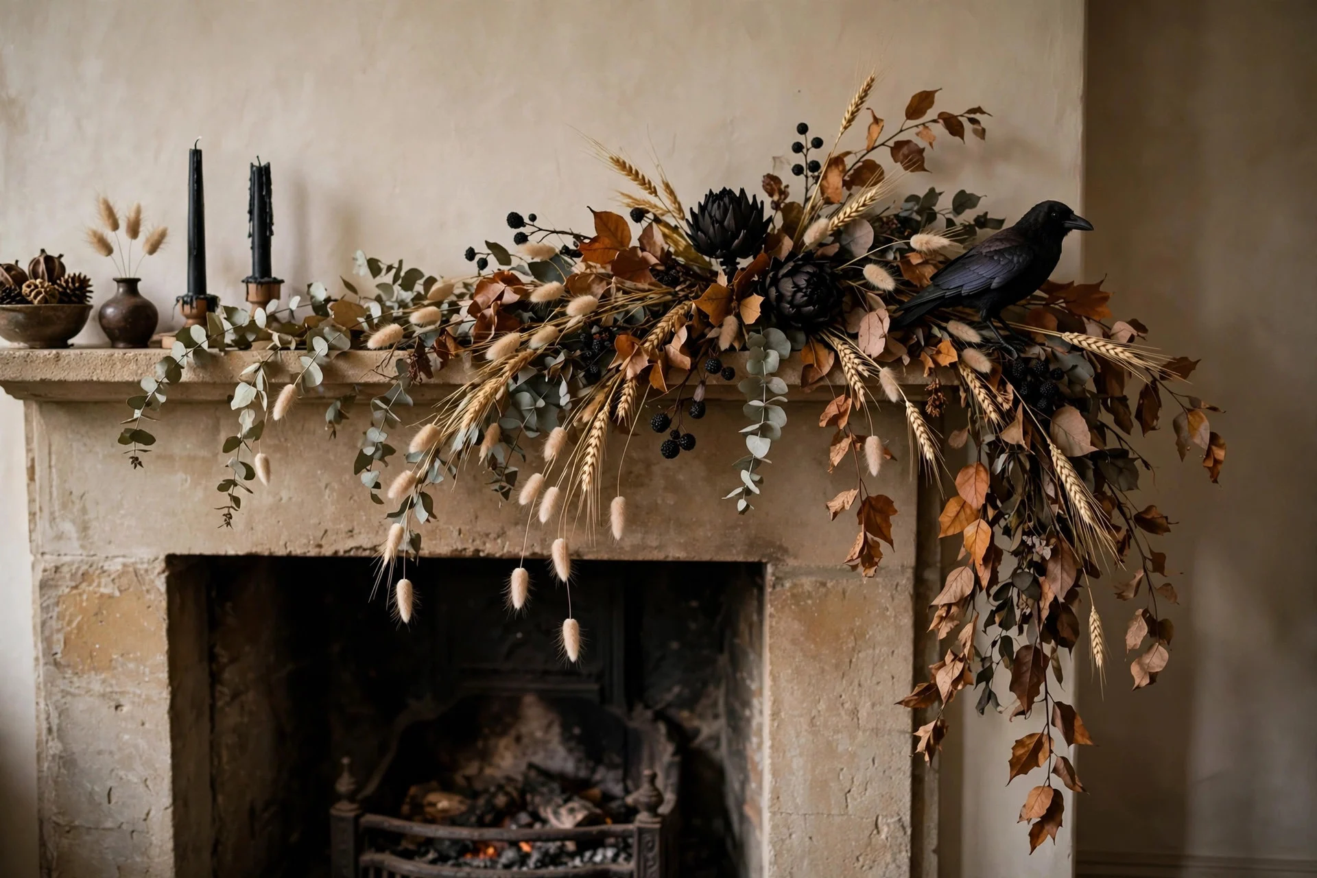 Asymmetrical dried floral garland with eucalyptus and black accents on a mantel