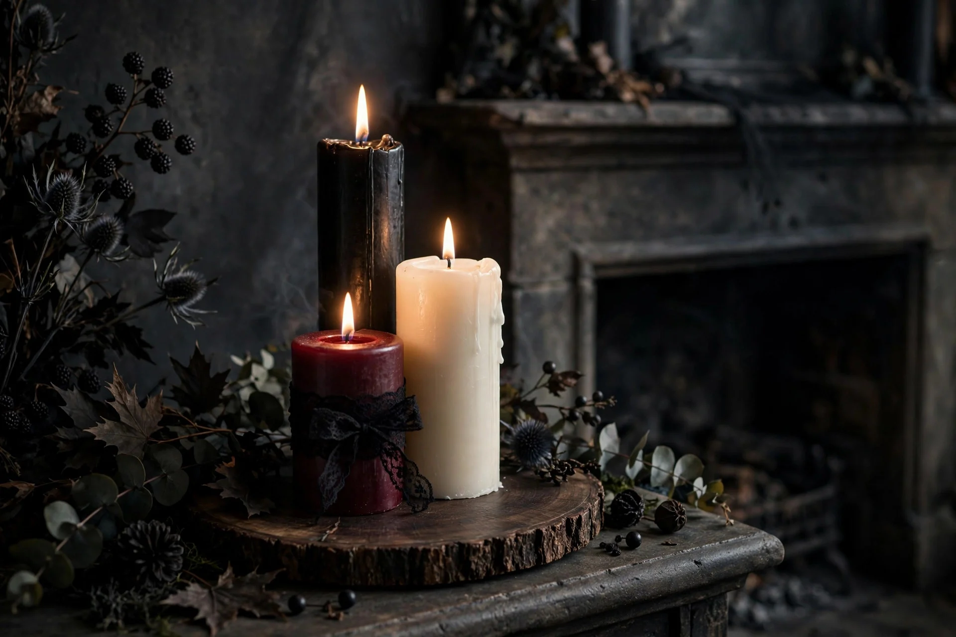 Cluster of pillar candles in three heights on a Halloween mantel