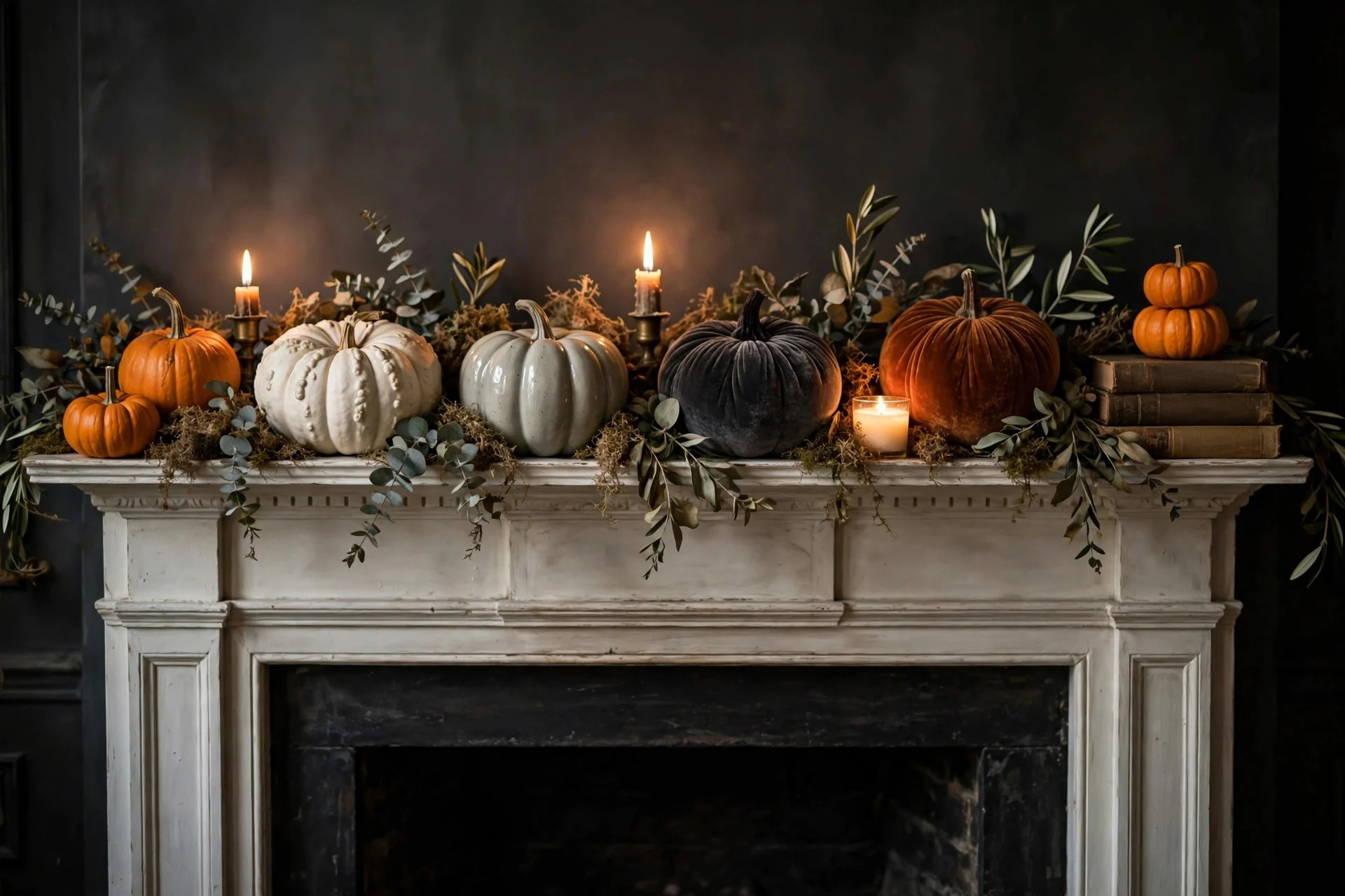 Row of mini pumpkins in mixed materials along a mantel