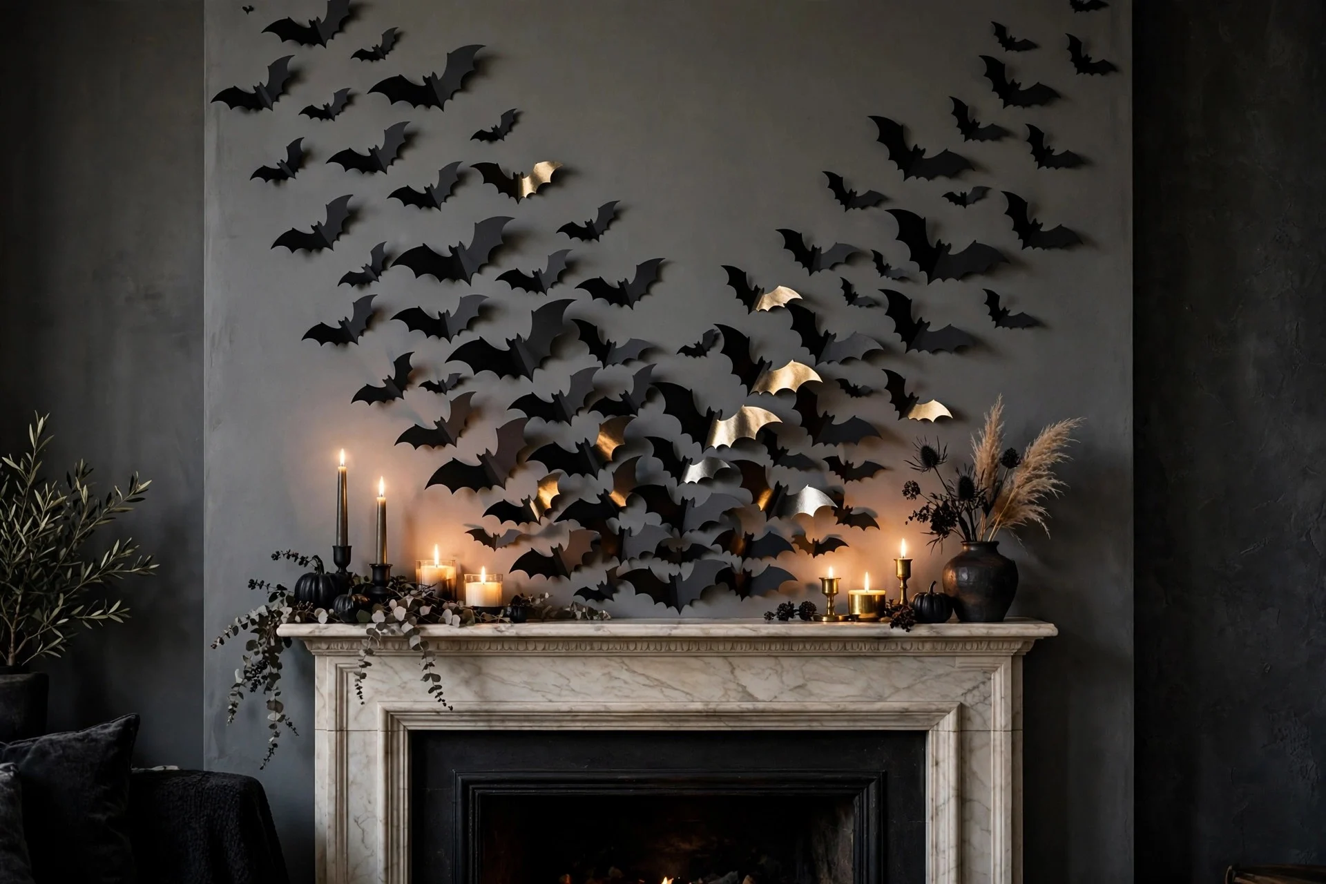 Paper bat swarm flying up the wall above a fireplace mantel