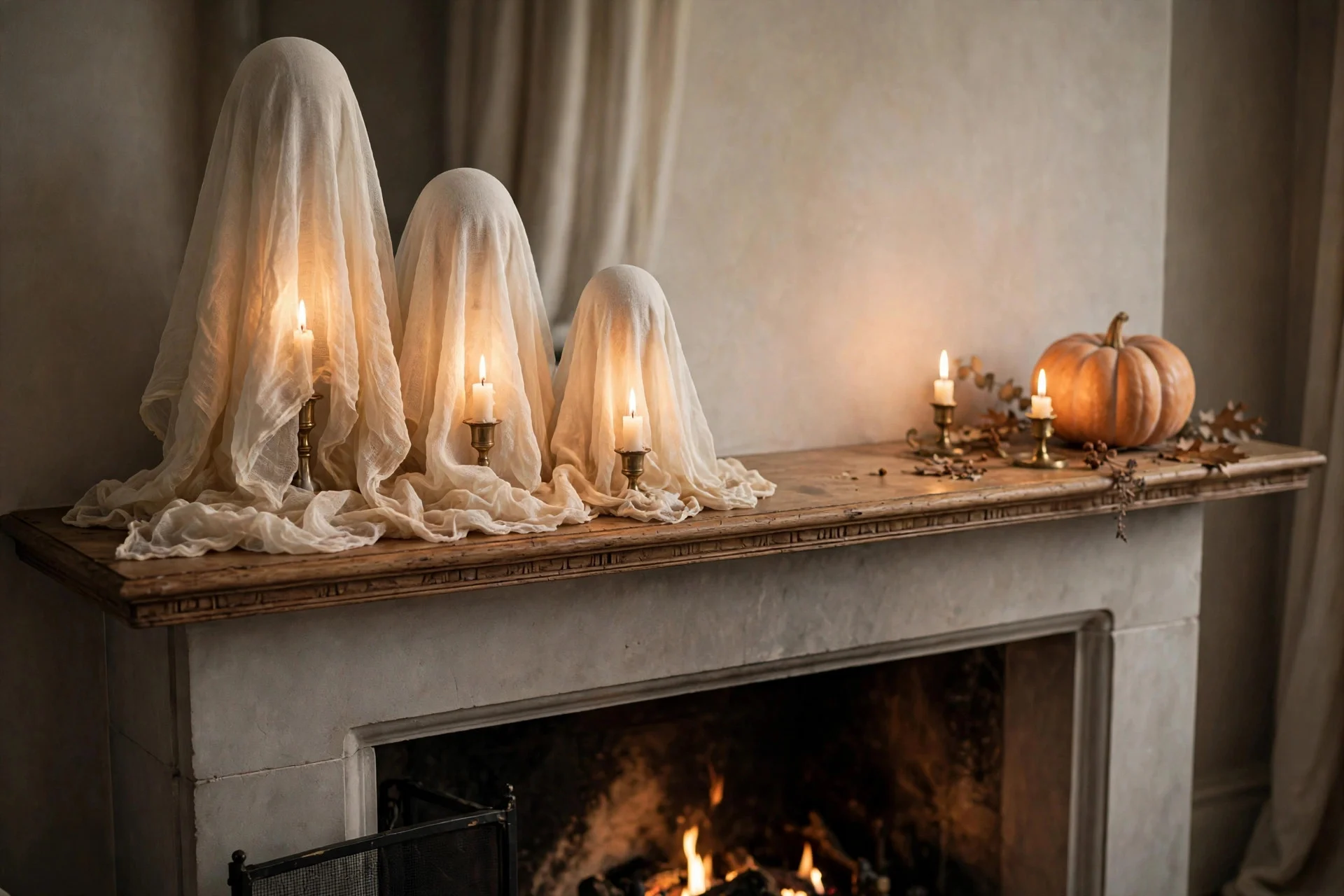 Cheesecloth ghost figures in different heights on a mantel