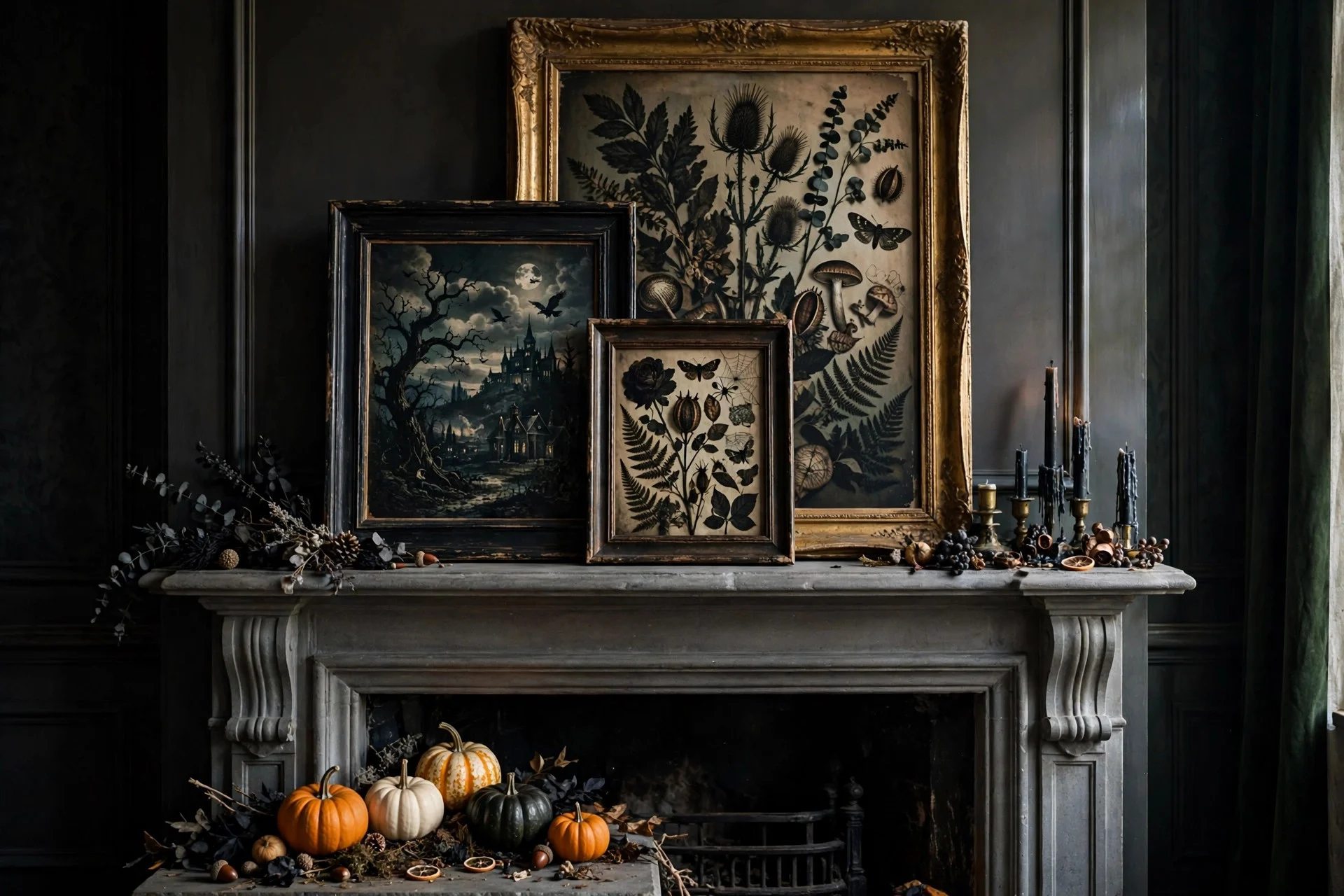 Layered vintage-style framed art above a Halloween mantel