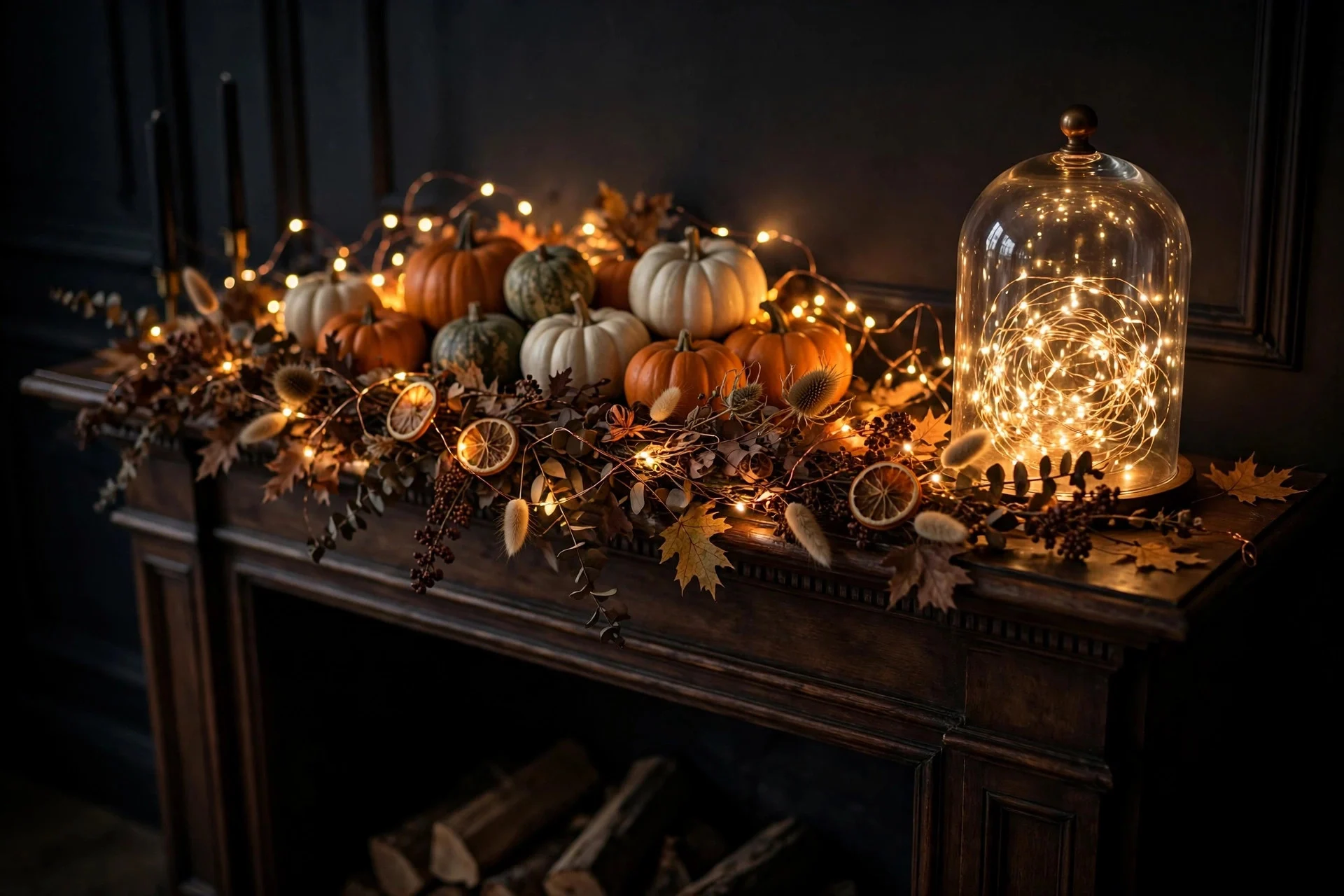Warm fairy lights woven through a Halloween mantel garland at night