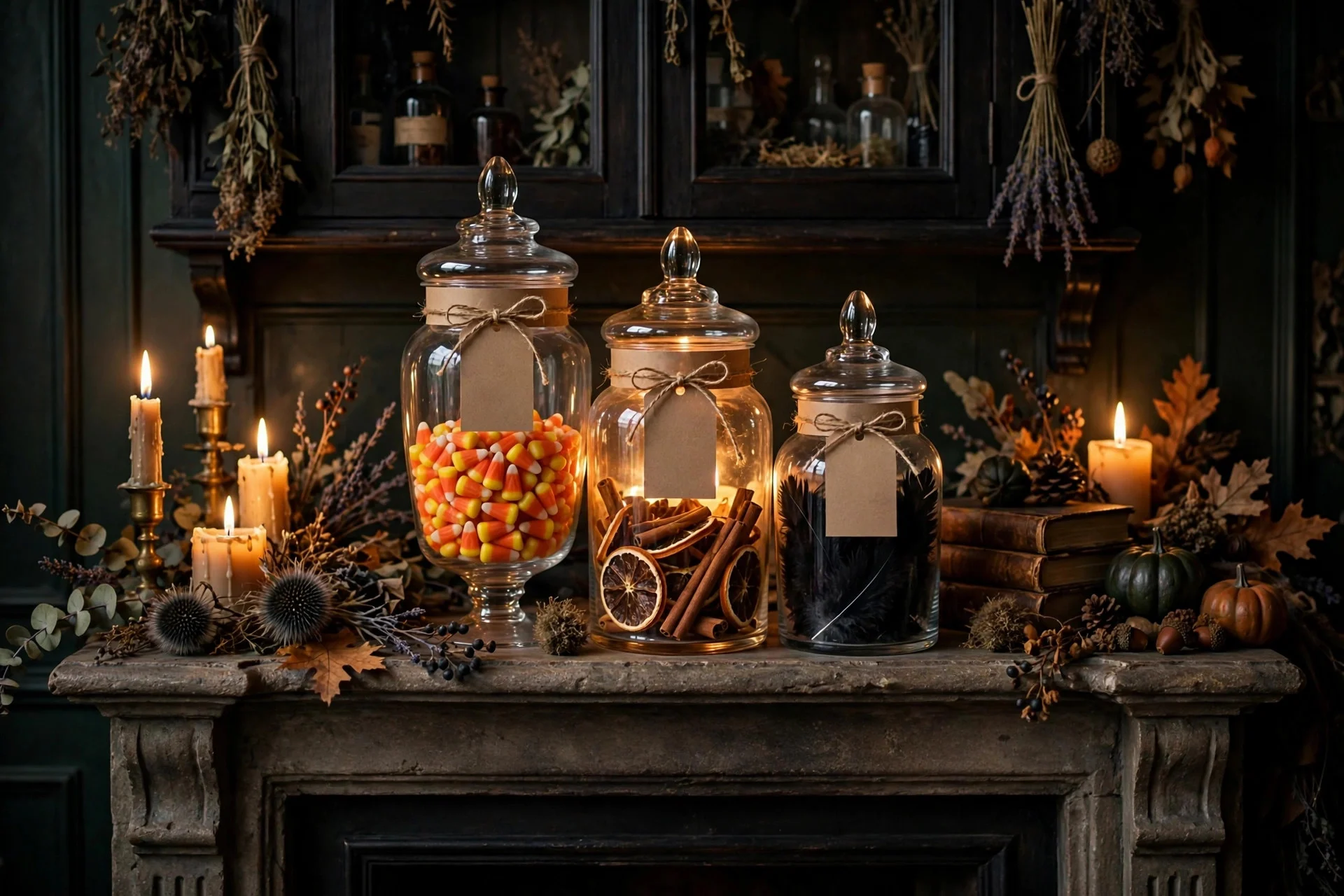 Apothecary jars filled with Halloween candy on a mantel