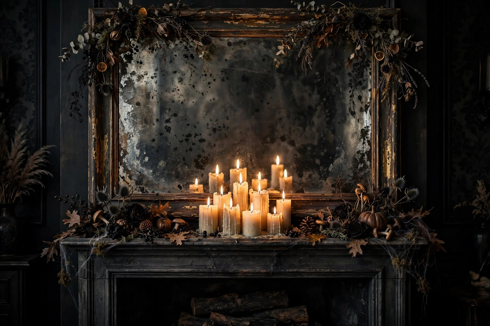 Antiqued mirror above a mantel reflecting Halloween candles