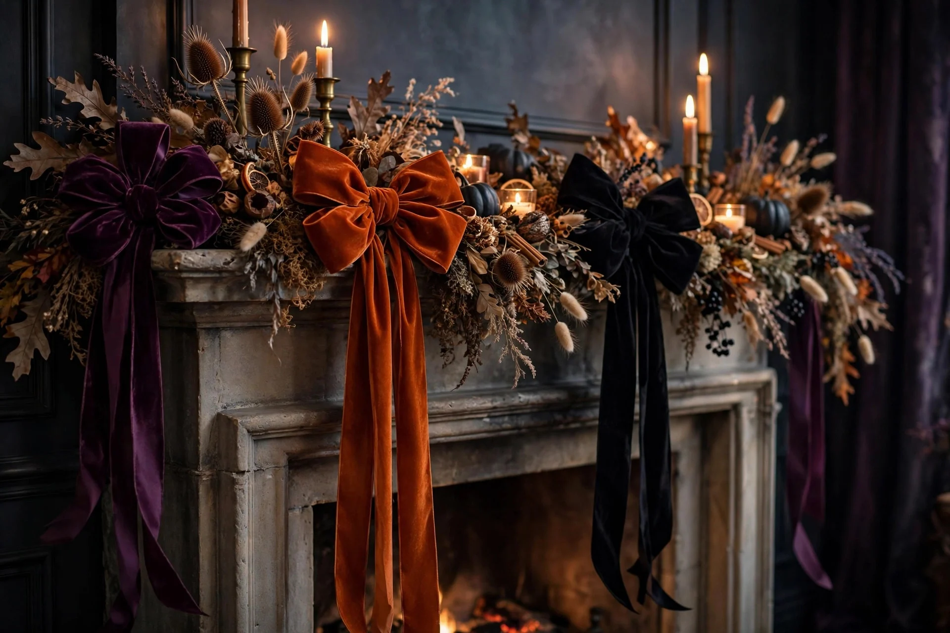 Oversized velvet bows in black and burnt orange wired into a garland