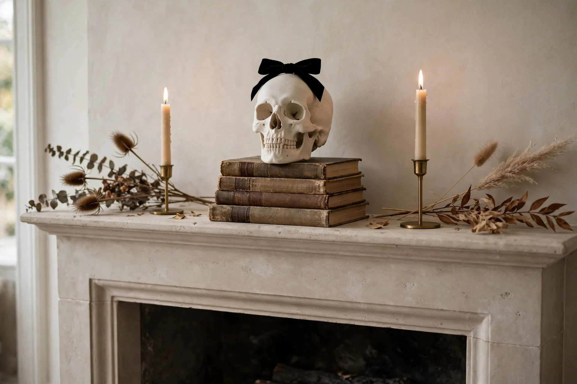 Single ivory ceramic skull with black velvet bow on vintage books